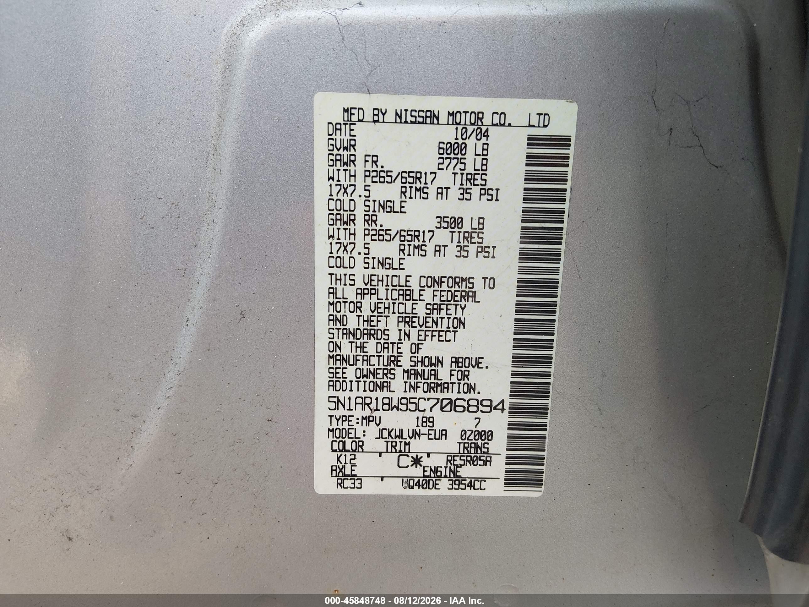 2005 Nissan Pathfinder Le Silver vin: 5N1AR18W95C706894