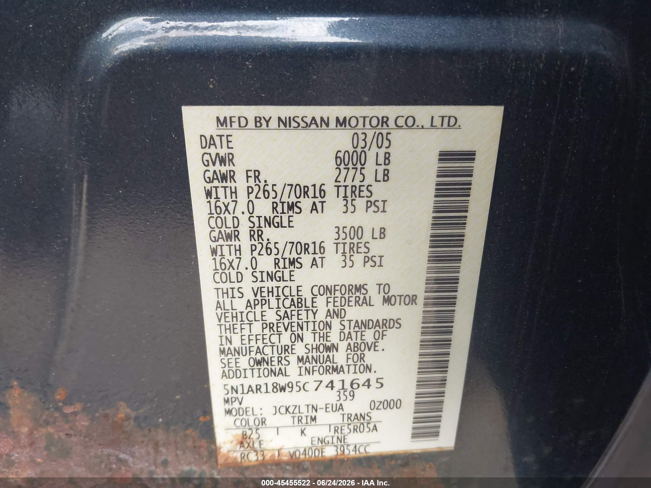 2005 Nissan Pathfinder Se Navy vin: 5N1AR18W95C741645