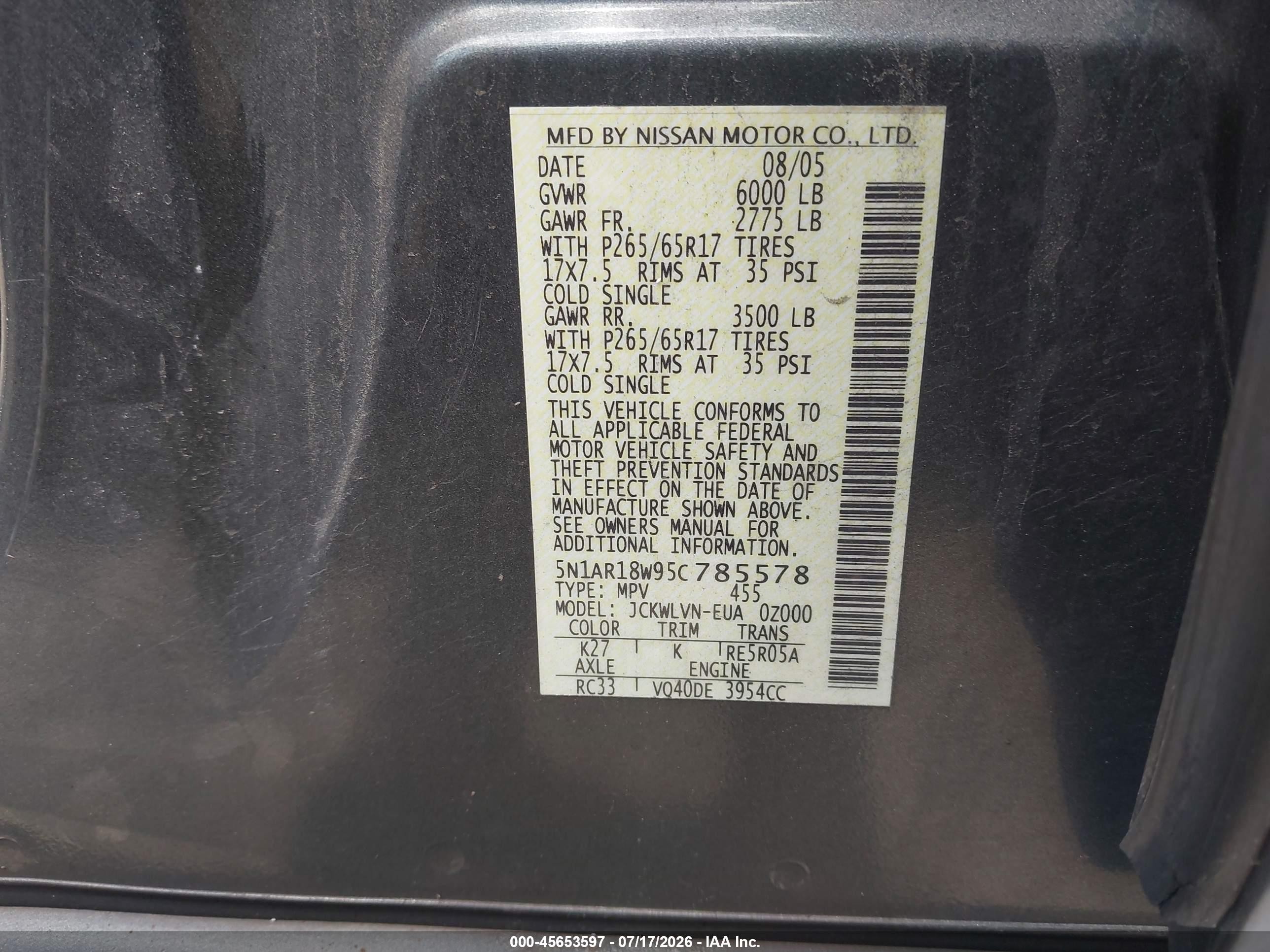 2005 Nissan Pathfinder Le Gray vin: 5N1AR18W95C785578