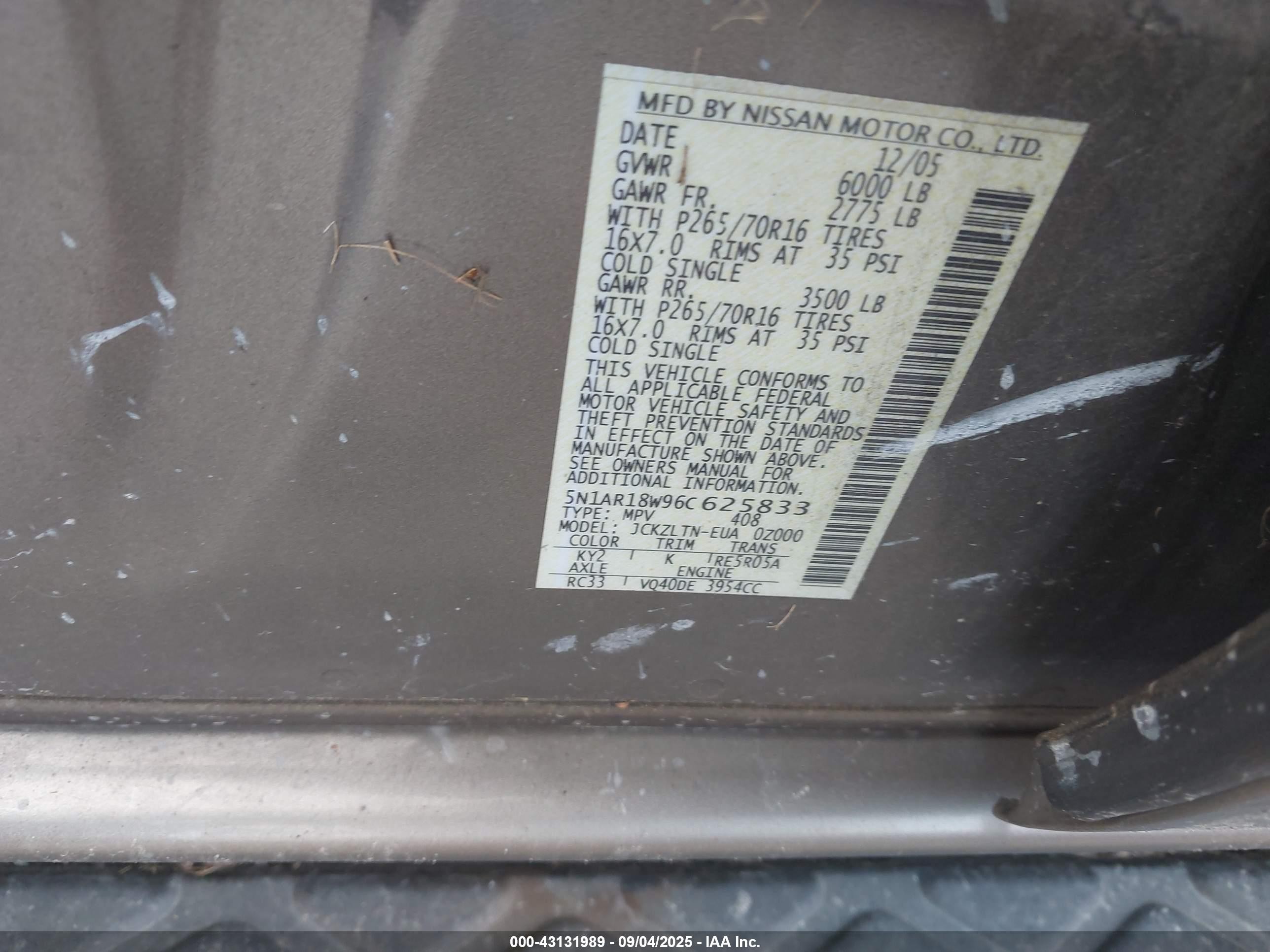 2006 Nissan Pathfinder Se Gray vin: 5N1AR18W96C625833