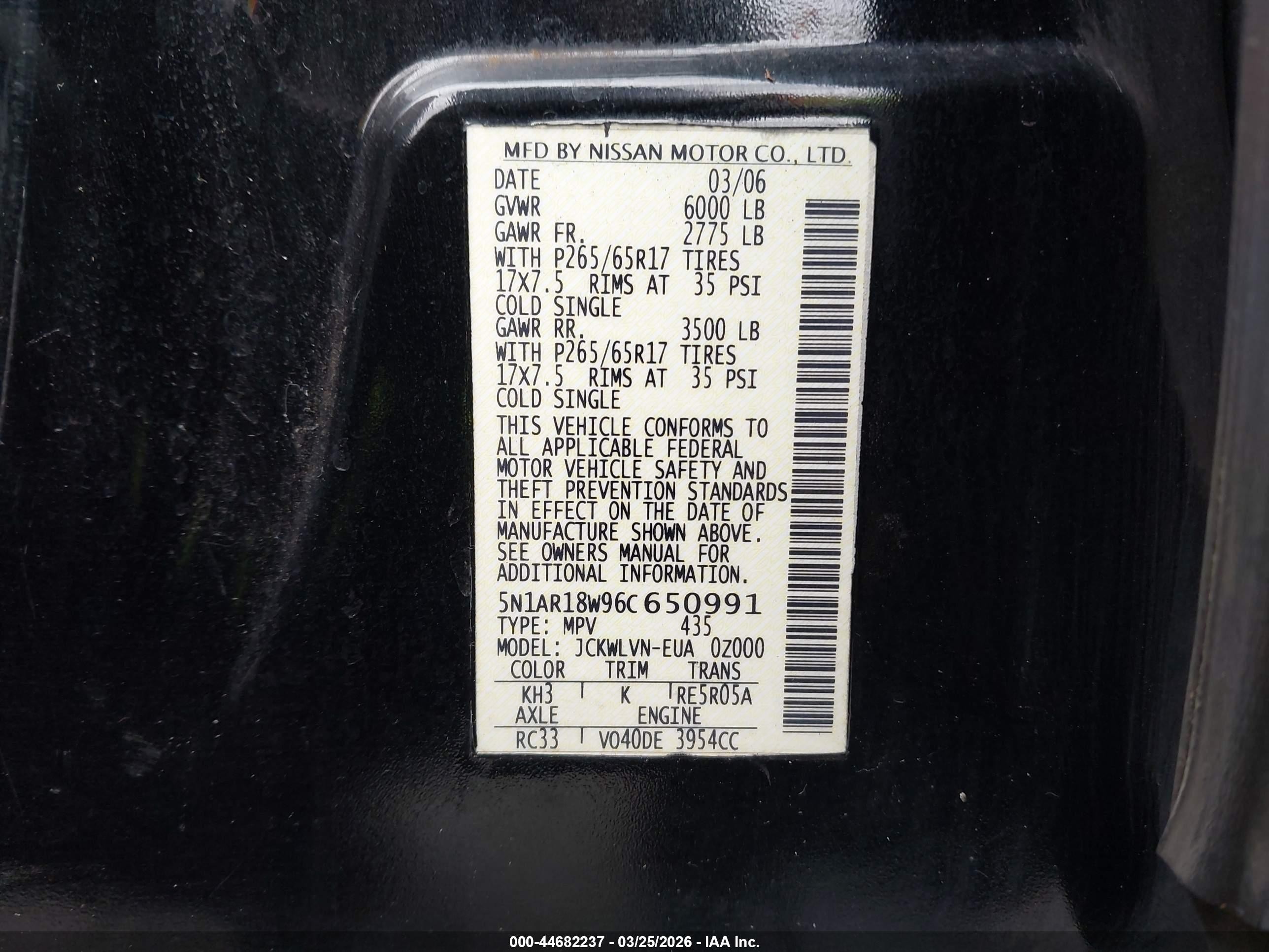 2006 Nissan Pathfinder Le Black vin: 5N1AR18W96C650991