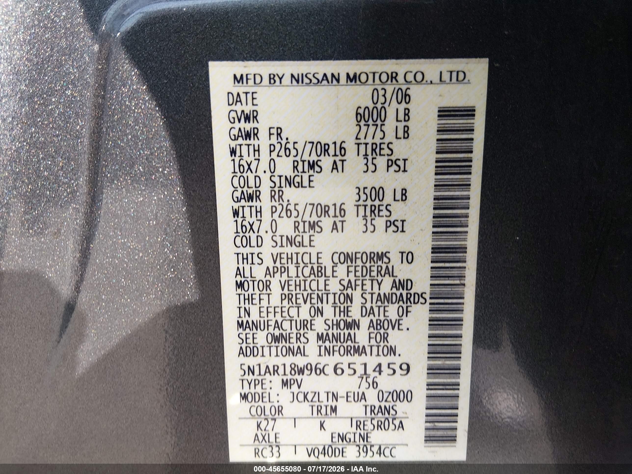 2006 Nissan Pathfinder Se Серый vin: 5N1AR18W96C651459
