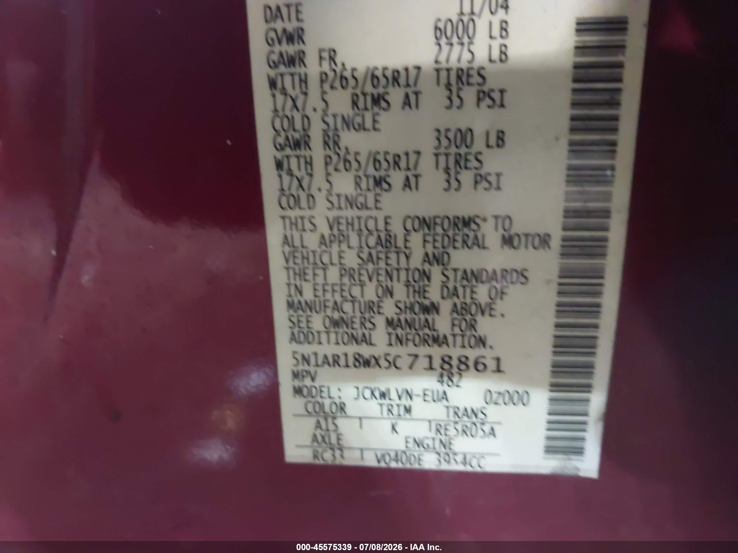 2005 Nissan Pathfinder Le Maroon vin: 5N1AR18WX5C718861