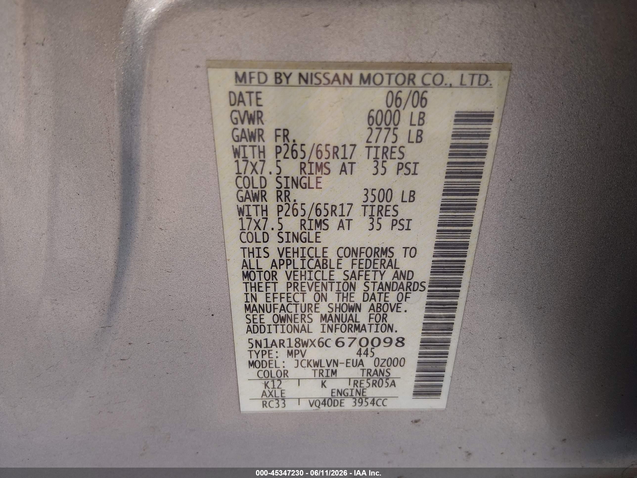 2006 Nissan Pathfinder Le Silver vin: 5N1AR18WX6C670098