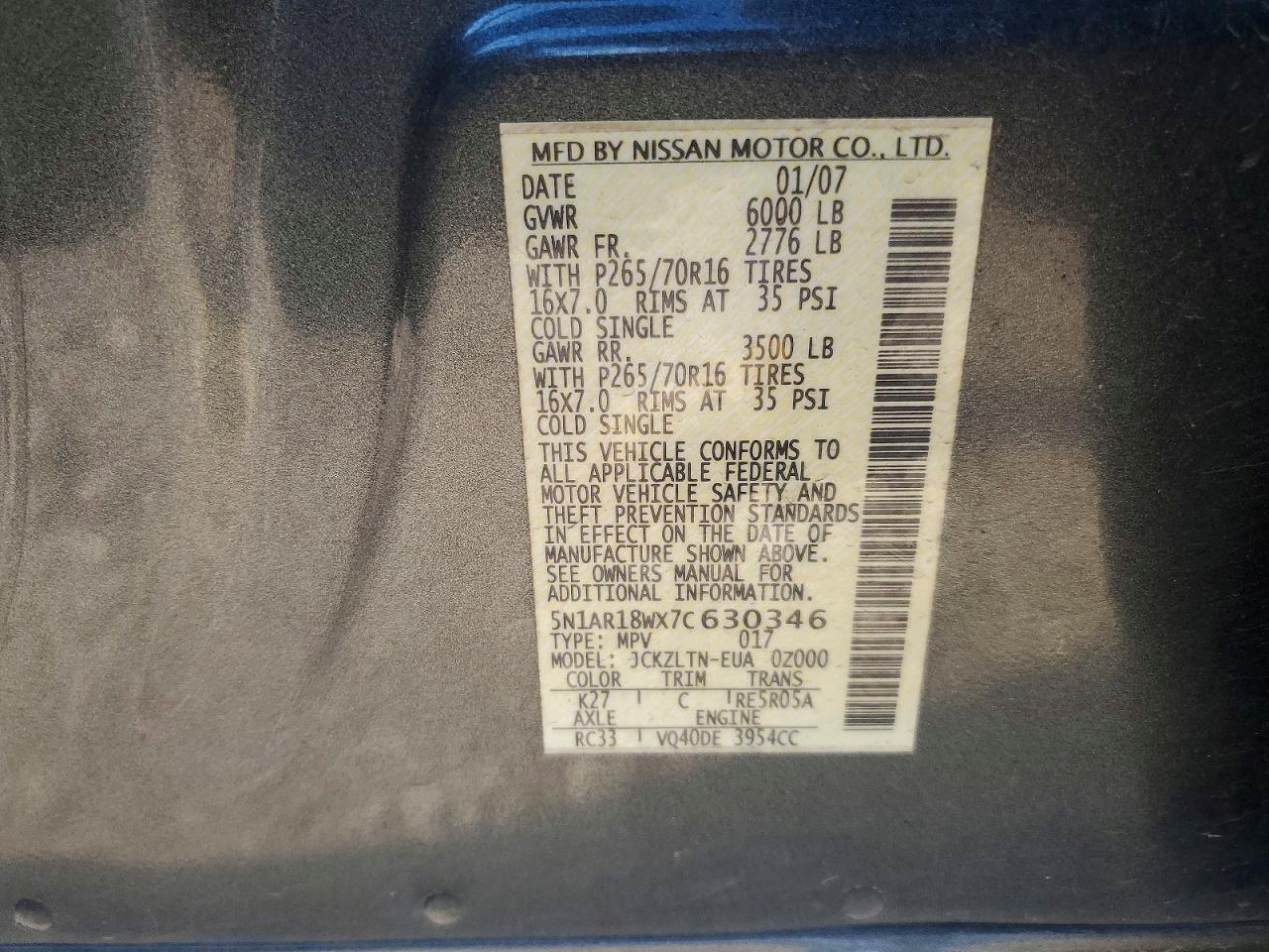 2007 Nissan Pathfinder S Brown vin: 5N1AR18WX7C630346