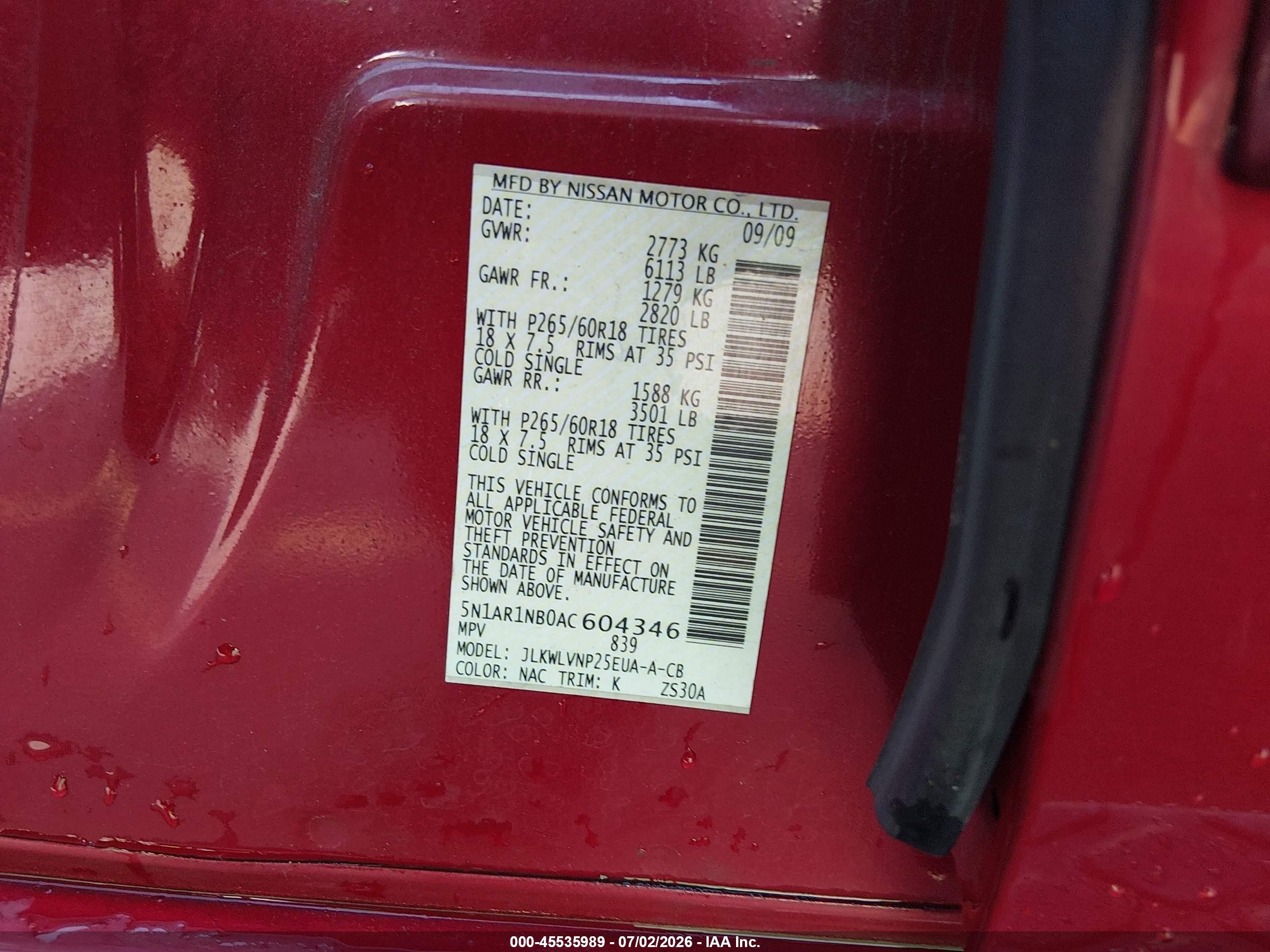 2010 Nissan Pathfinder Le Red vin: 5N1AR1NB0AC604346