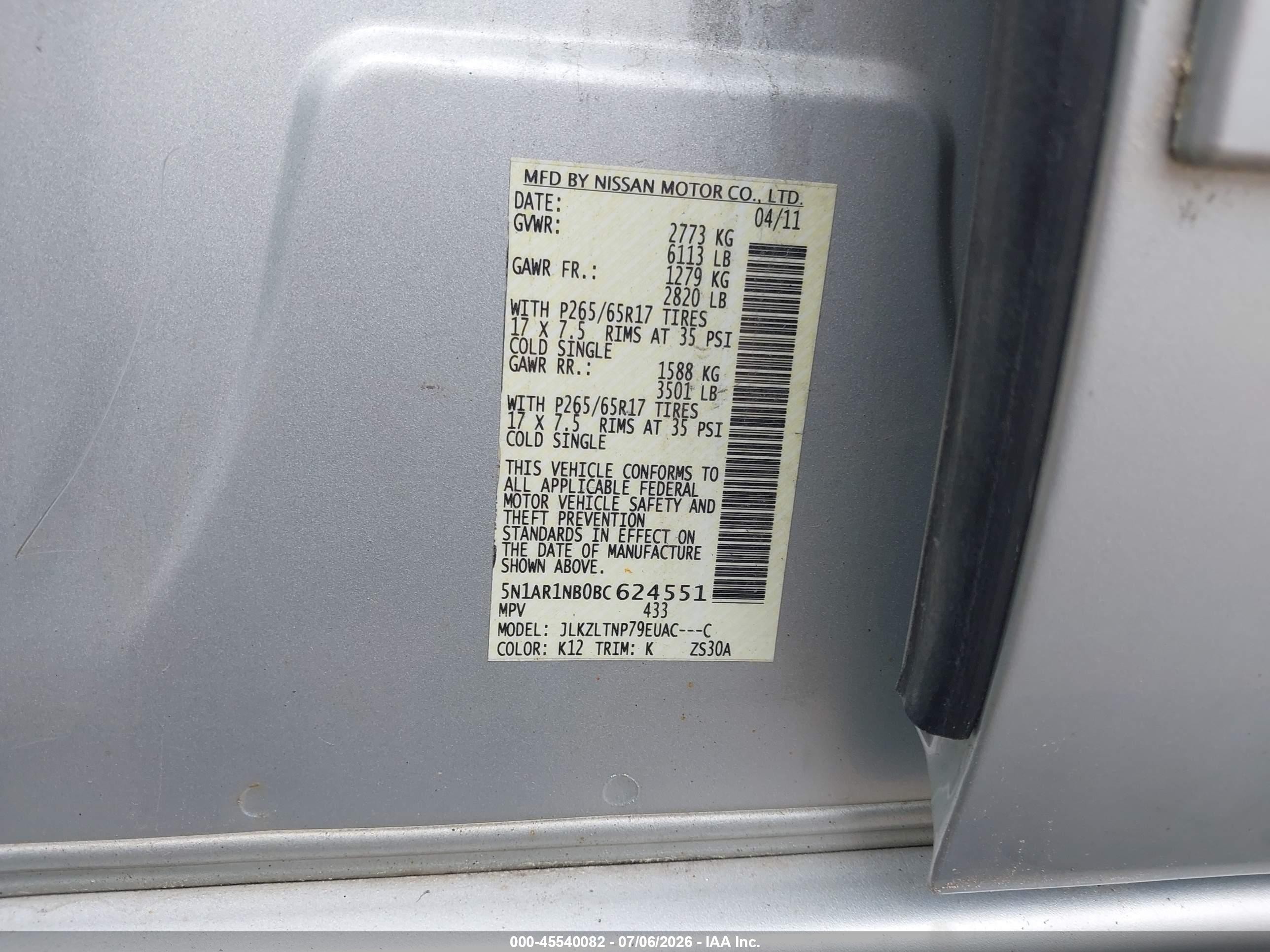 2011 Nissan Pathfinder Sv Silver vin: 5N1AR1NB0BC624551