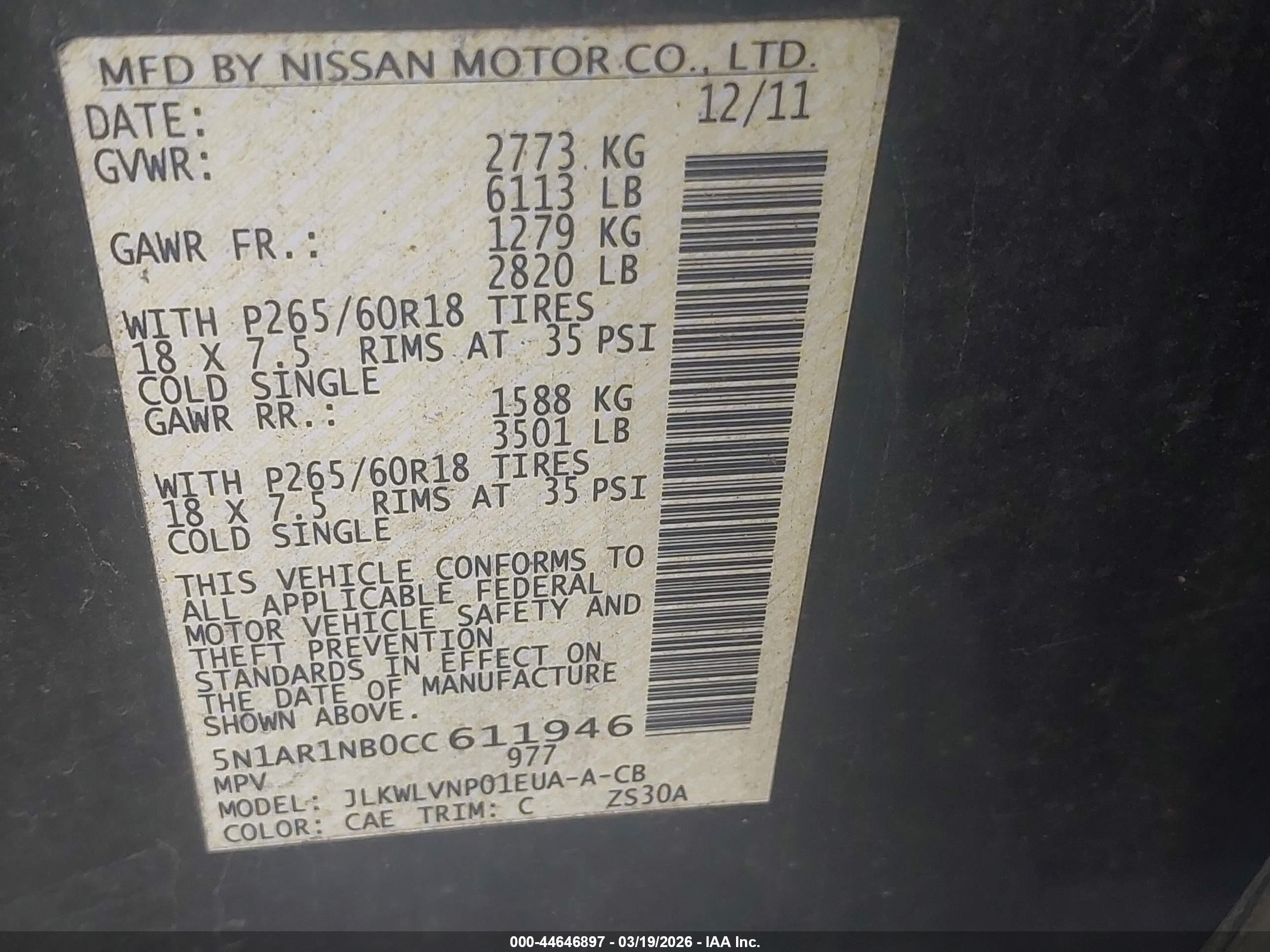 2012 Nissan Pathfinder Le Black vin: 5N1AR1NB0CC611946
