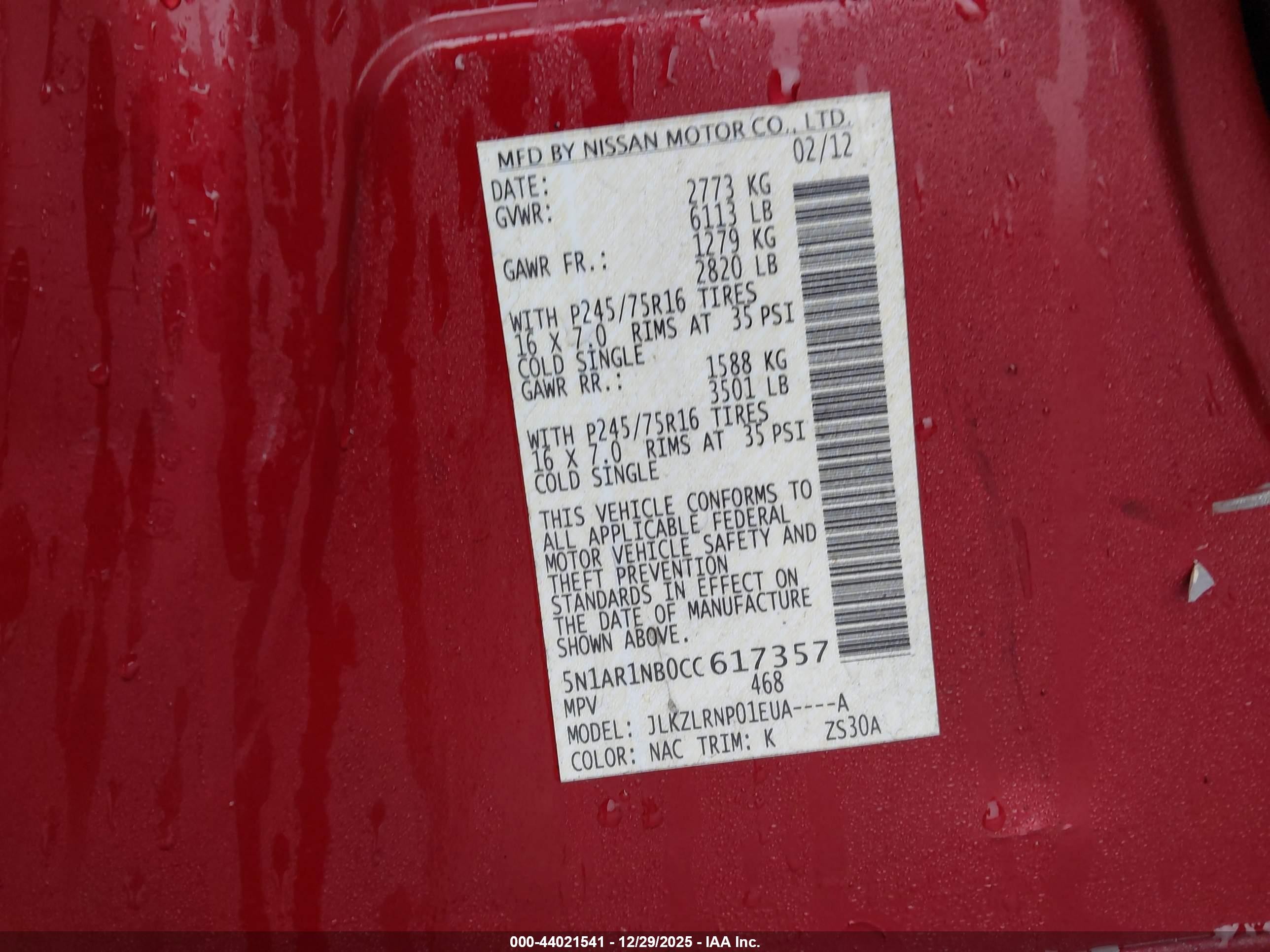 2012 Nissan Pathfinder S Red vin: 5N1AR1NB0CC617357