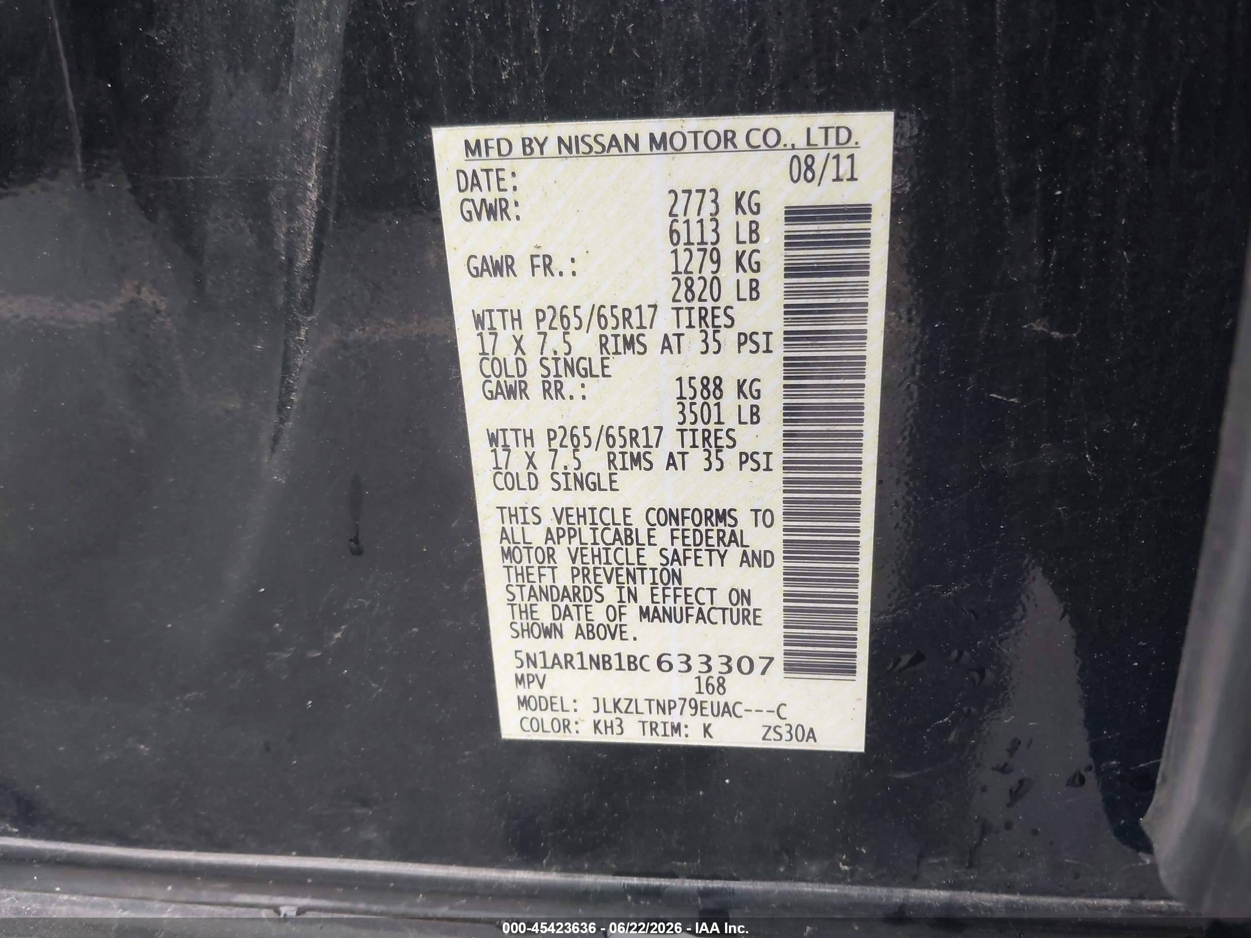 2011 Nissan Pathfinder Sv Black vin: 5N1AR1NB1BC633307