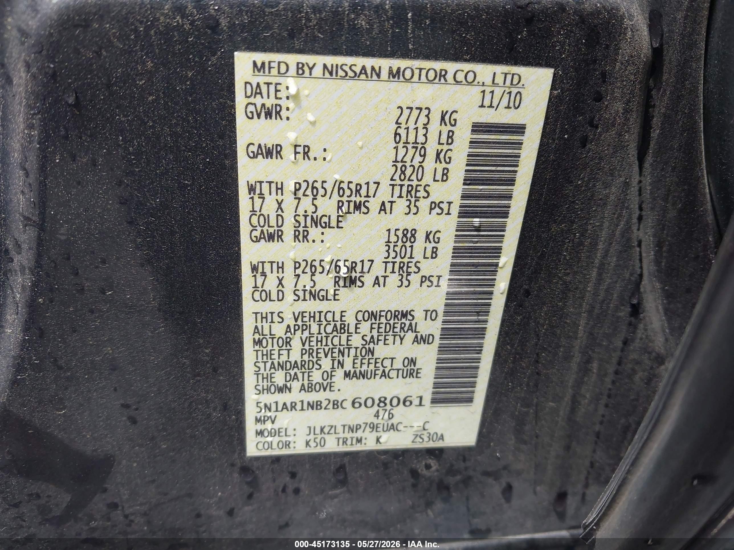 2011 Nissan Pathfinder Sv Gray vin: 5N1AR1NB2BC608061