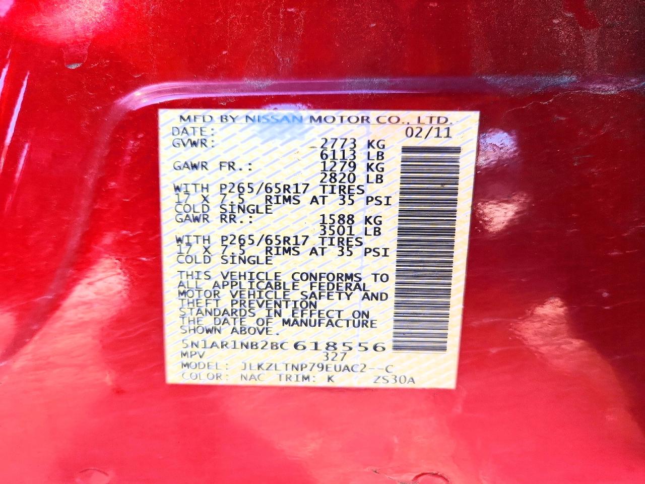 2011 Nissan Pathfinder S Red vin: 5N1AR1NB2BC618556