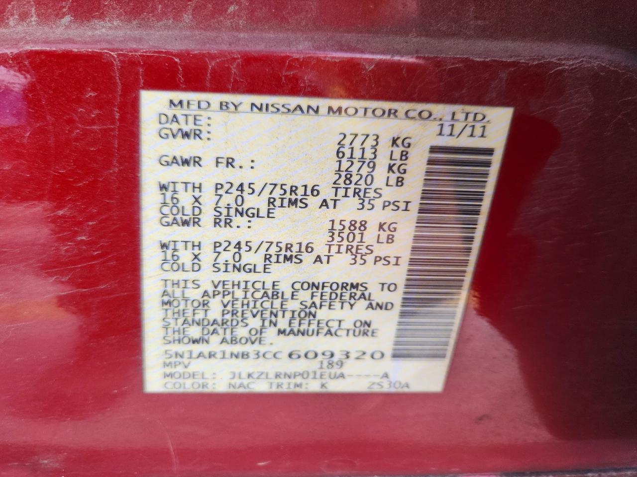2012 Nissan Pathfinder S Red vin: 5N1AR1NB3CC609320