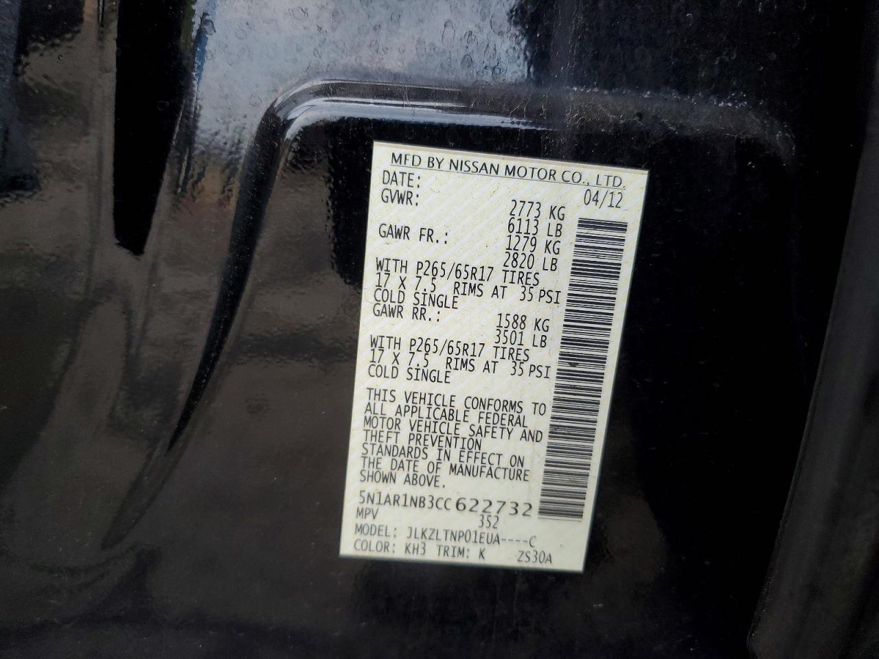 2012 Nissan Pathfinder S Black vin: 5N1AR1NB3CC622732