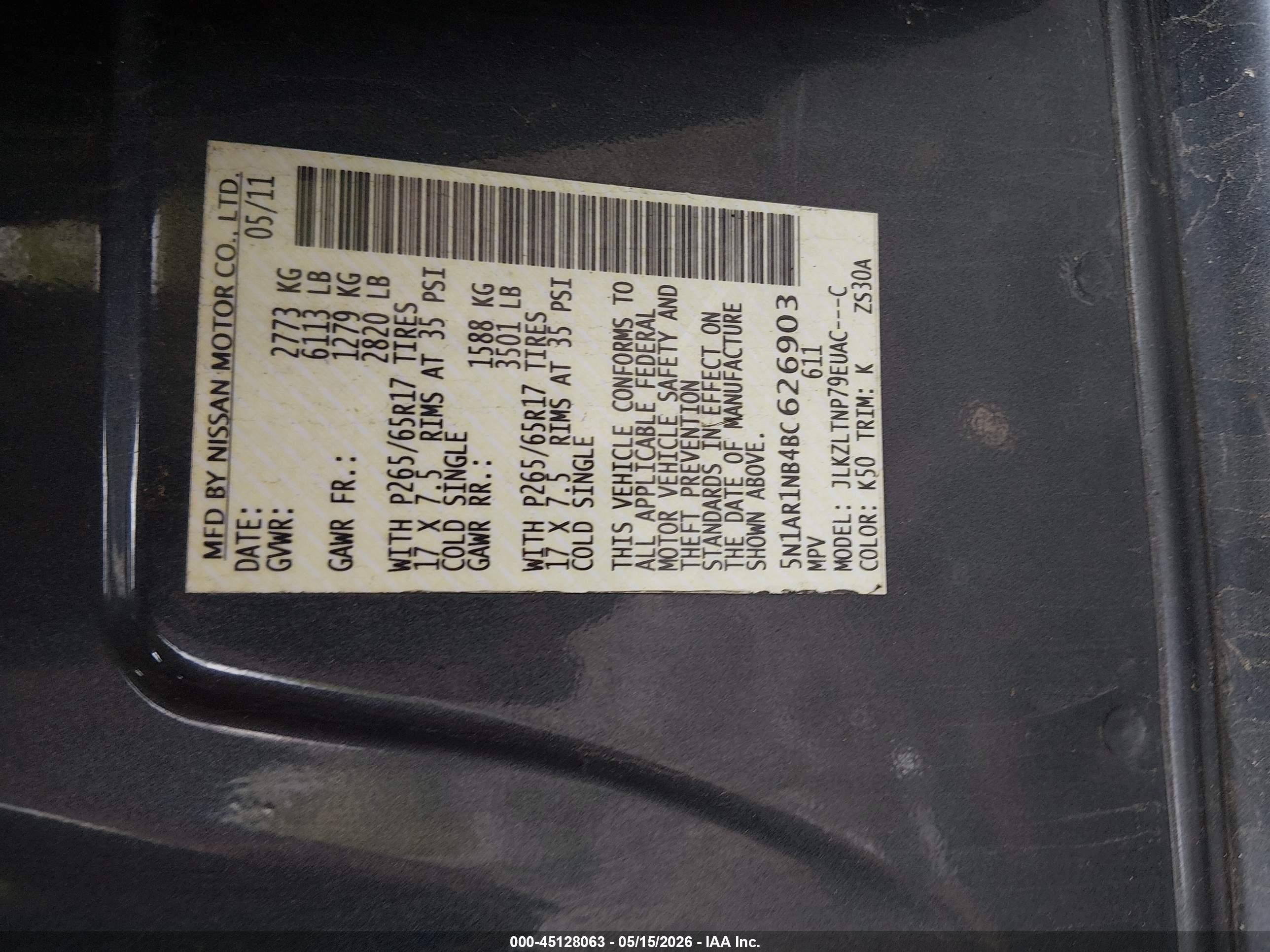 2011 Nissan Pathfinder Sv Black vin: 5N1AR1NB4BC626903