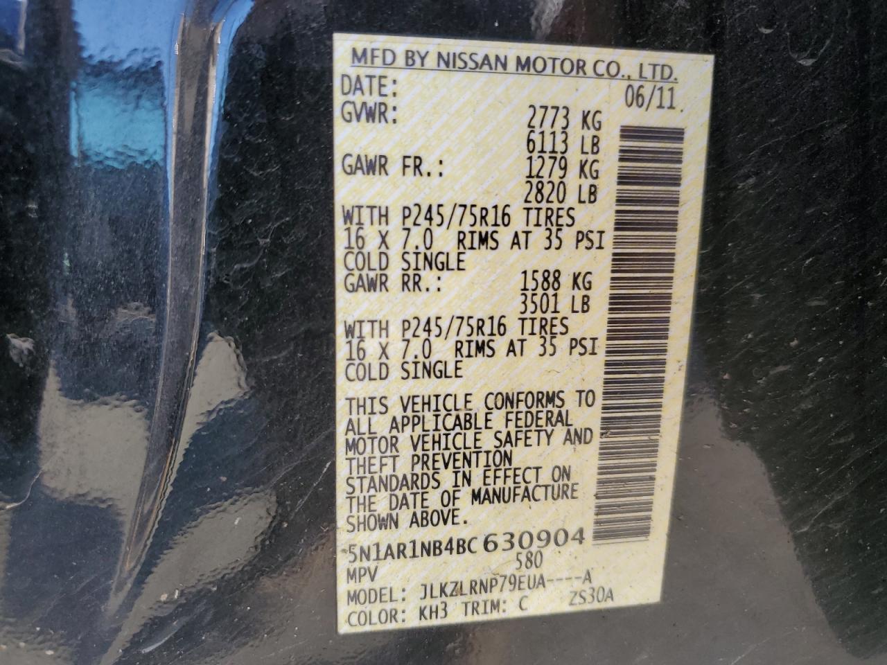 2011 Nissan Pathfinder S Black vin: 5N1AR1NB4BC630904