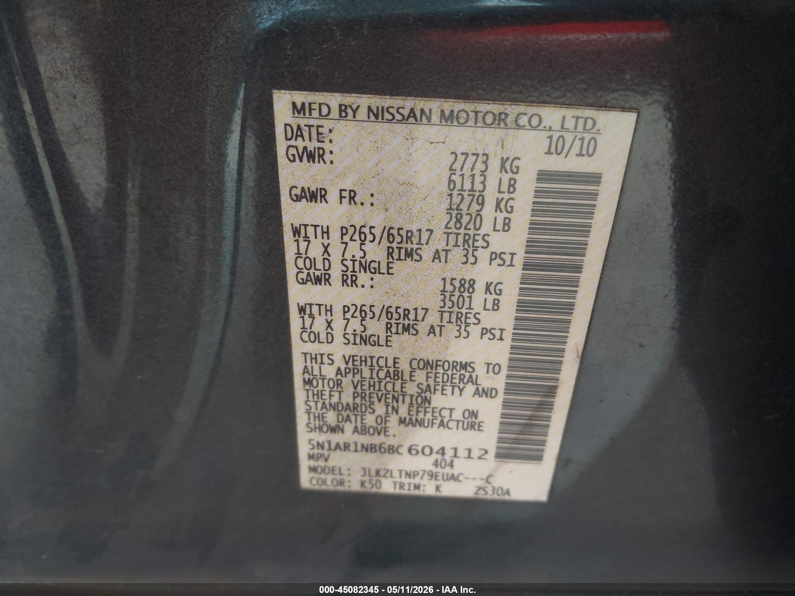 2011 Nissan Pathfinder Sv Gray vin: 5N1AR1NB6BC604112