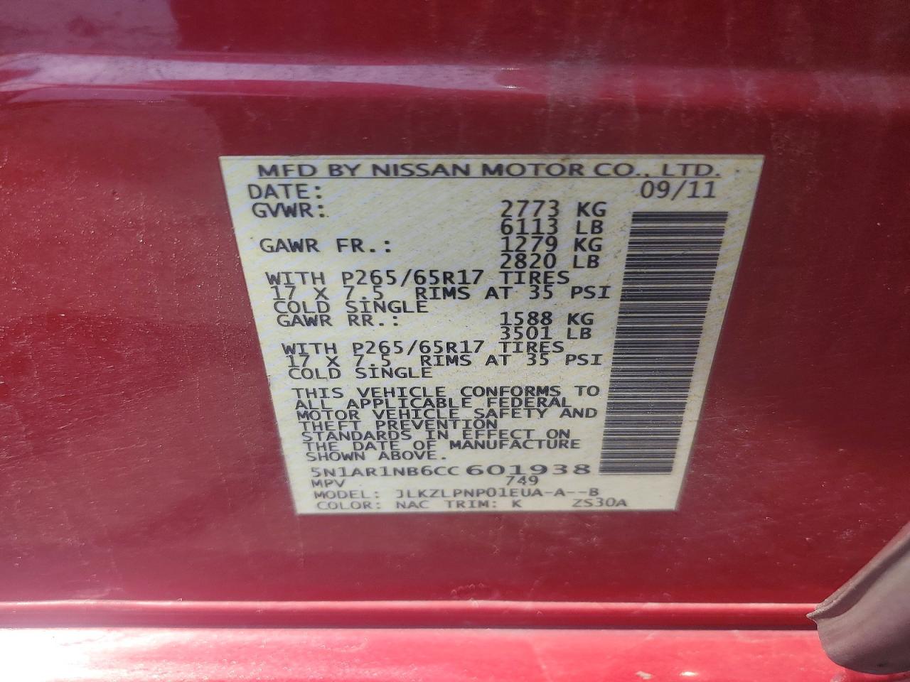 2012 Nissan Pathfinder S Red vin: 5N1AR1NB6CC601938