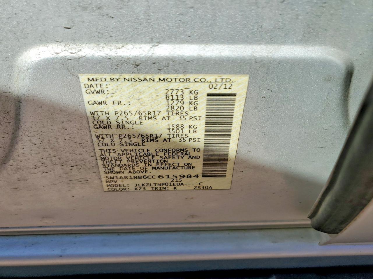 2012 Nissan Pathfinder S Silver vin: 5N1AR1NB6CC615984