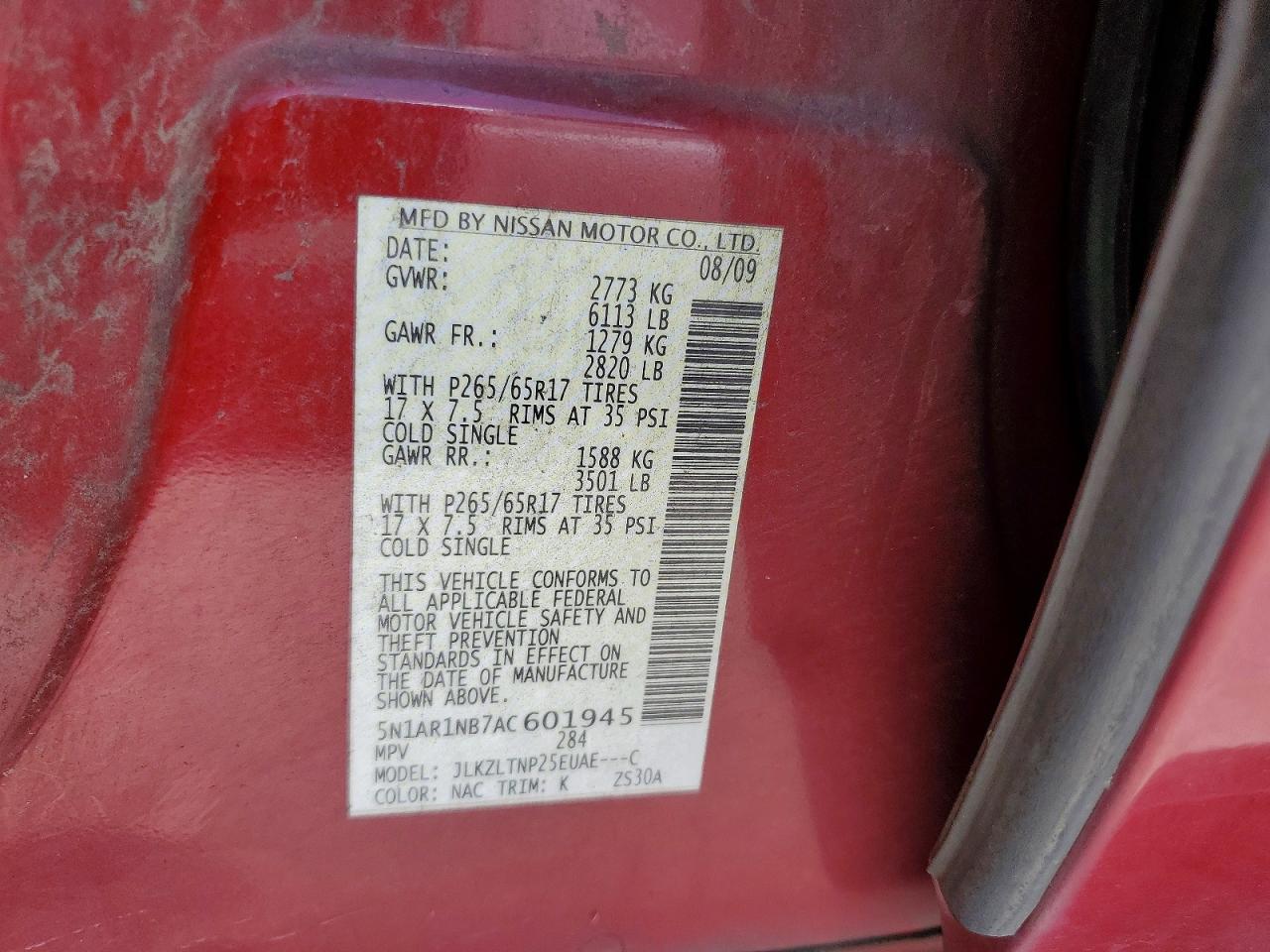 2010 Nissan Pathfinder S Red vin: 5N1AR1NB7AC601945