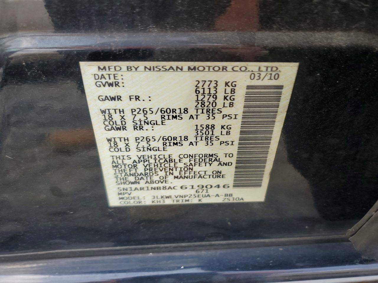 2010 Nissan Pathfinder S Black vin: 5N1AR1NB8AC619046