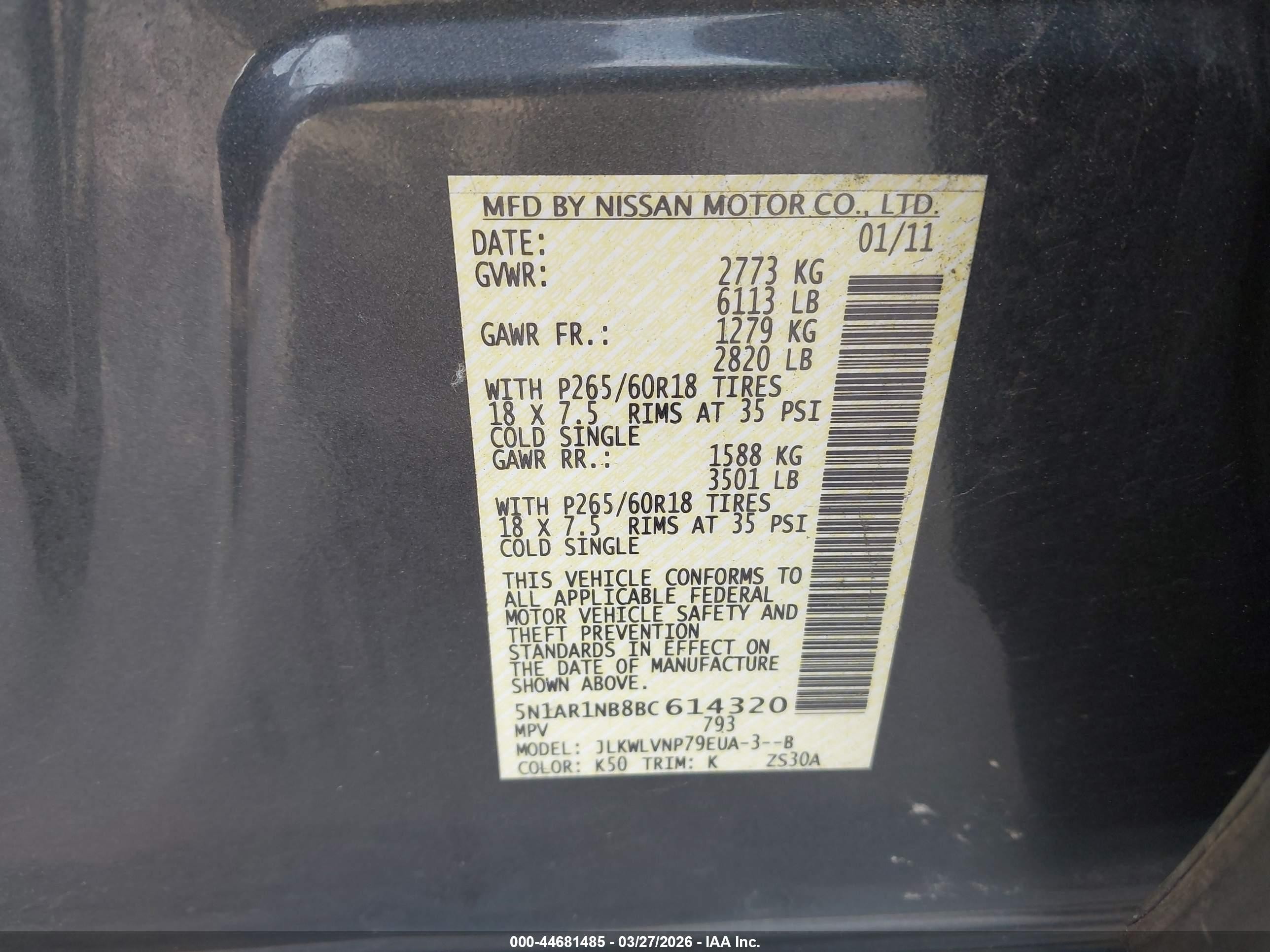 2011 Nissan Pathfinder Le Gray vin: 5N1AR1NB8BC614320