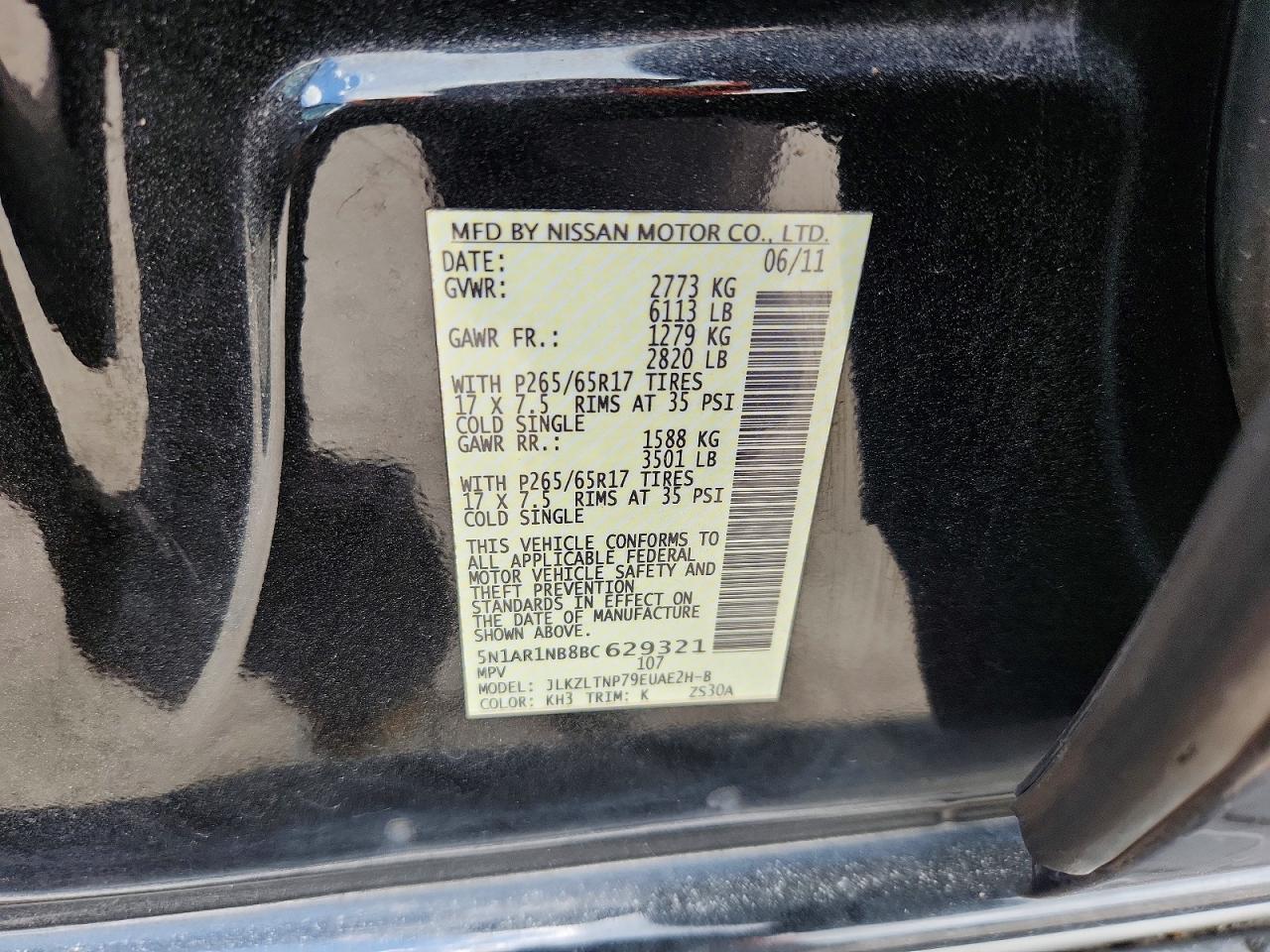 2011 Nissan Pathfinder S Black vin: 5N1AR1NB8BC629321