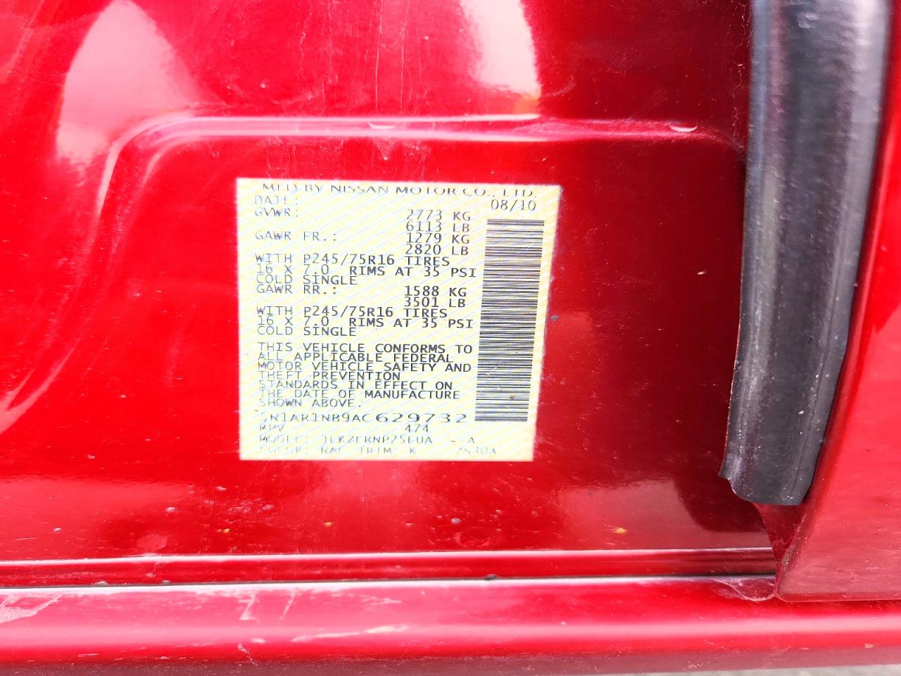 2010 Nissan Pathfinder S Red vin: 5N1AR1NB9AC629732