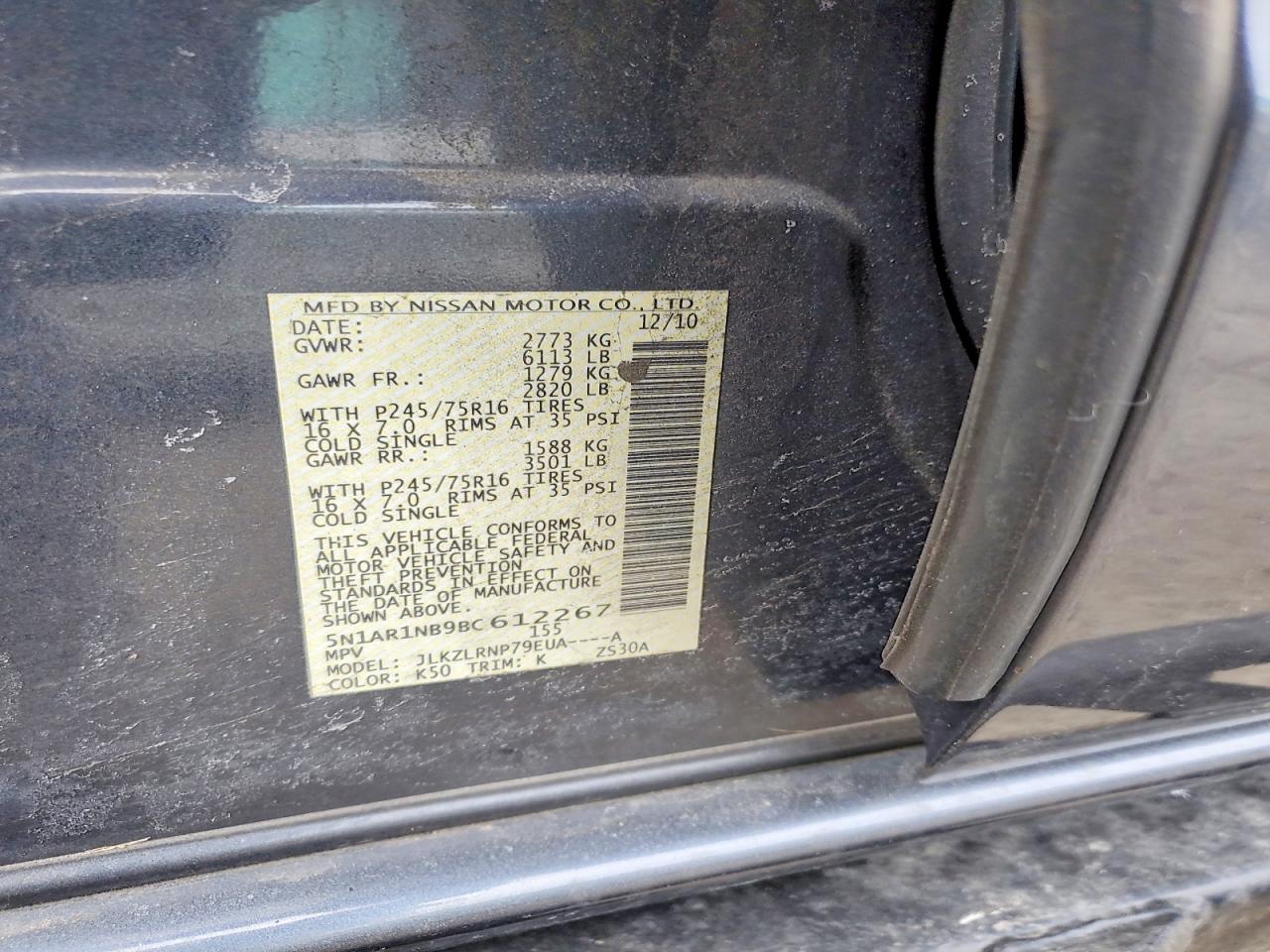 2011 Nissan Pathfinder S Charcoal vin: 5N1AR1NB9BC612267