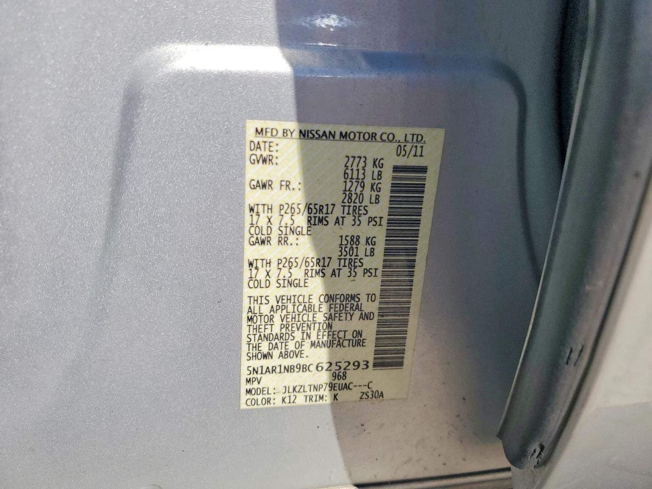 2011 Nissan Pathfinder S Silver vin: 5N1AR1NB9BC625293