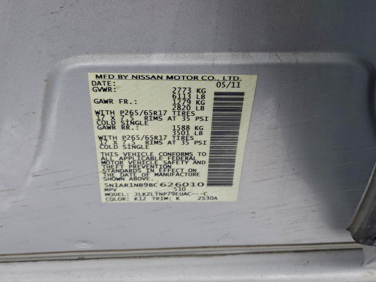 2011 Nissan Pathfinder S Silver vin: 5N1AR1NB9BC626010