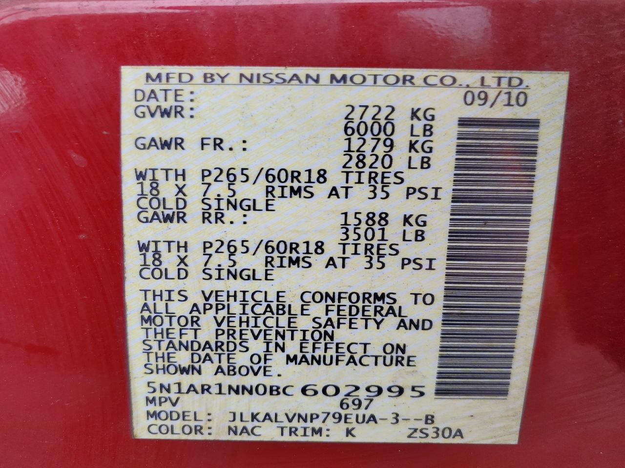 2011 Nissan Pathfinder S Red vin: 5N1AR1NN0BC602995