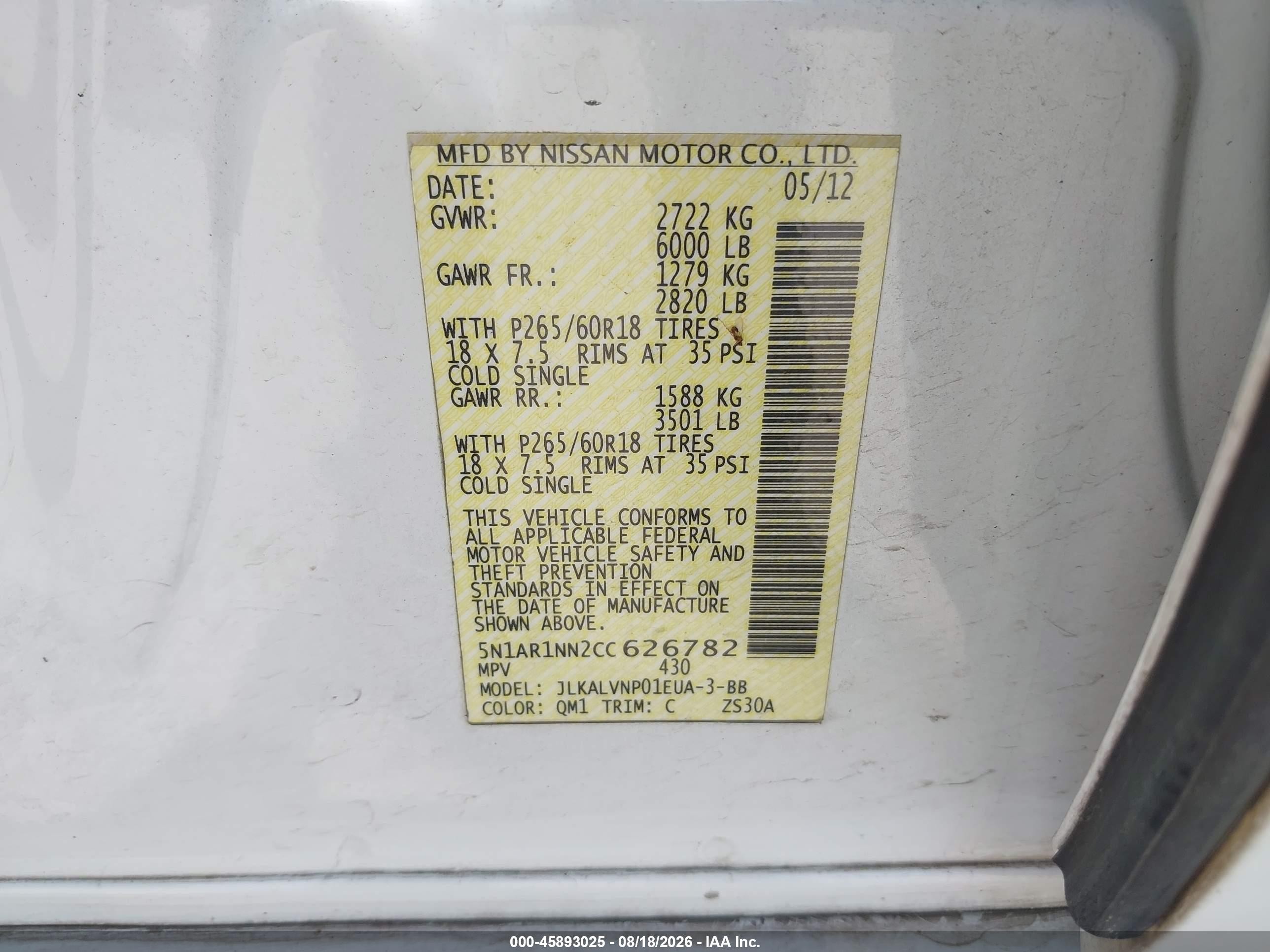 2012 Nissan Pathfinder Le White vin: 5N1AR1NN2CC626782