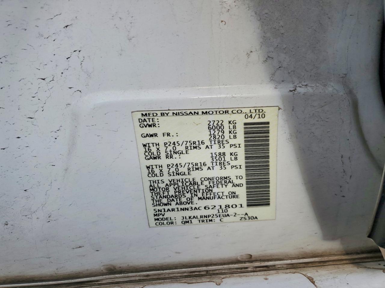 2010 Nissan Pathfinder S Fe+ White vin: 5N1AR1NN3AC621801