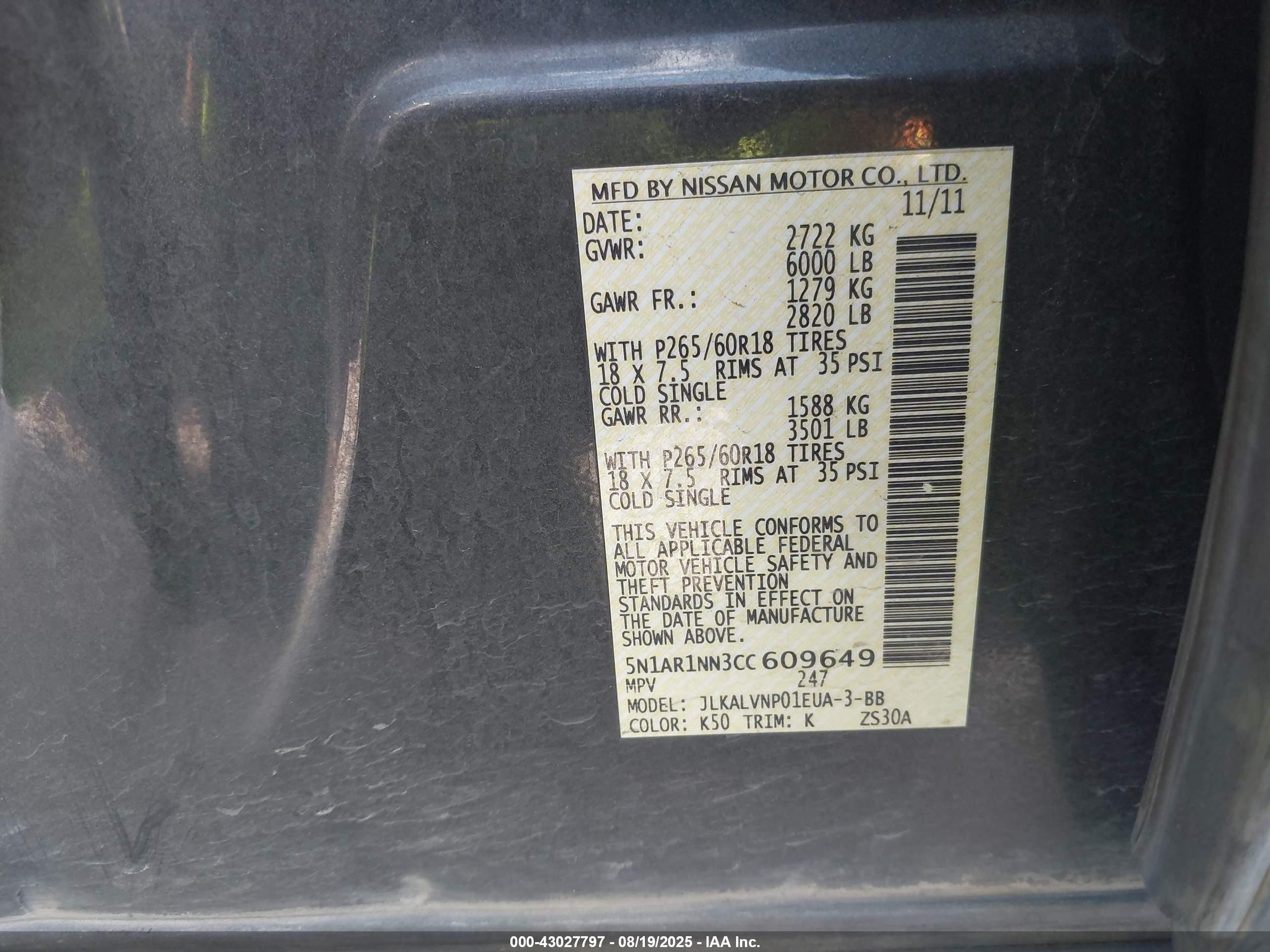 2012 Nissan Pathfinder Le Gray vin: 5N1AR1NN3CC609649