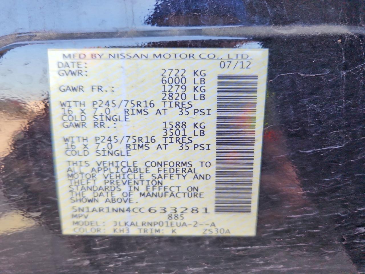 2012 Nissan Pathfinder S Black vin: 5N1AR1NN4CC633281