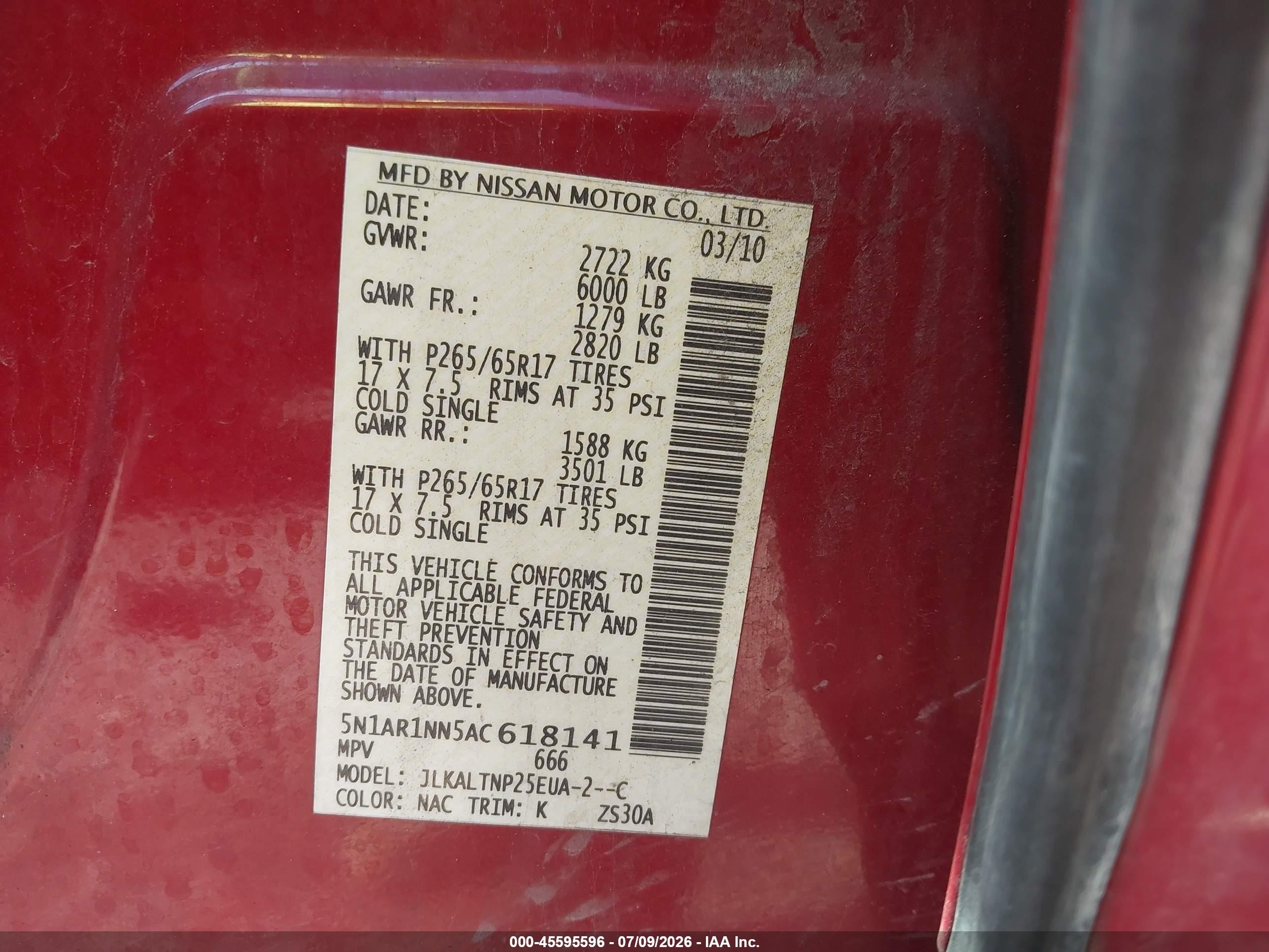 2010 Nissan Pathfinder Se Red vin: 5N1AR1NN5AC618141