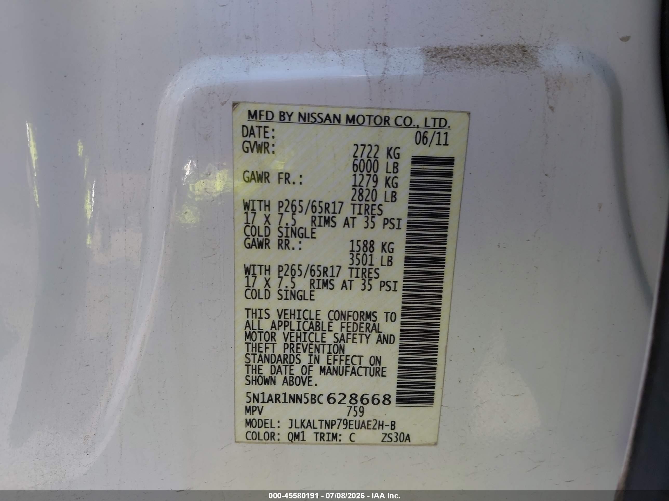2011 Nissan Pathfinder Silver White vin: 5N1AR1NN5BC628668