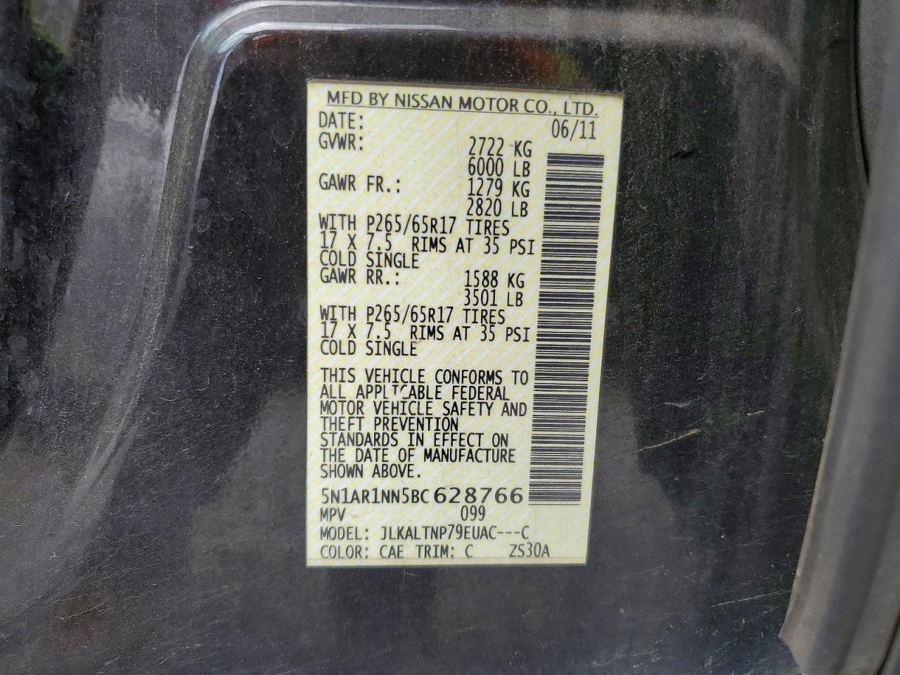 2011 Nissan Pathfinder S Black vin: 5N1AR1NN5BC628766
