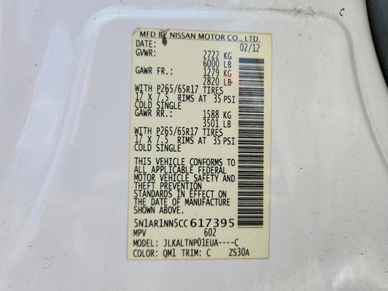 2012 Nissan Pathfinder S White vin: 5N1AR1NN5CC617395