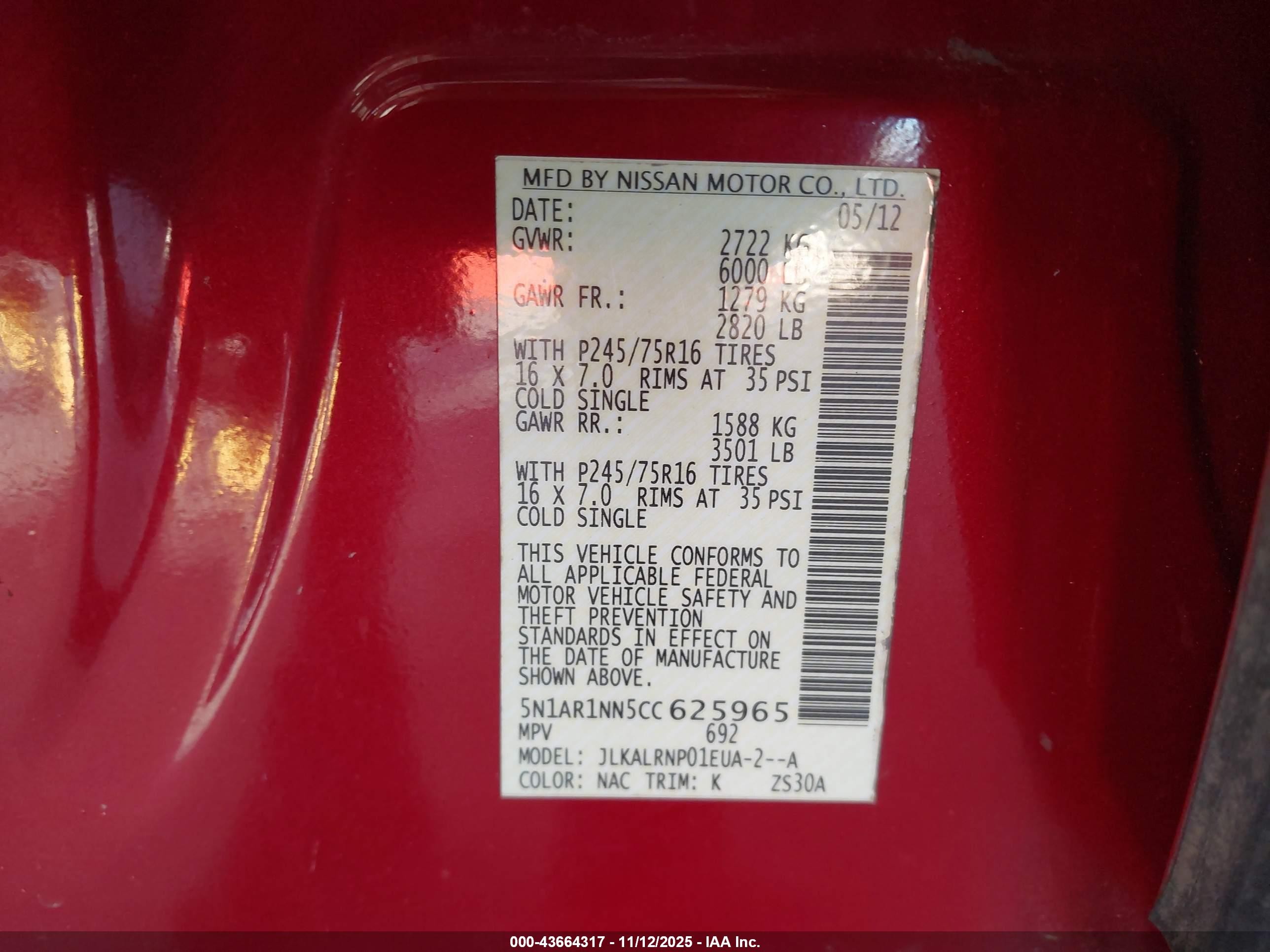 2012 Nissan Pathfinder S Red vin: 5N1AR1NN5CC625965