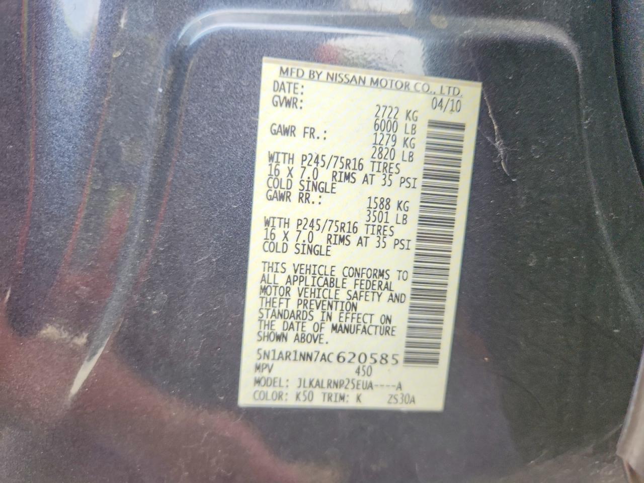 2010 Nissan Pathfinder S Fe+ Charcoal vin: 5N1AR1NN7AC620585