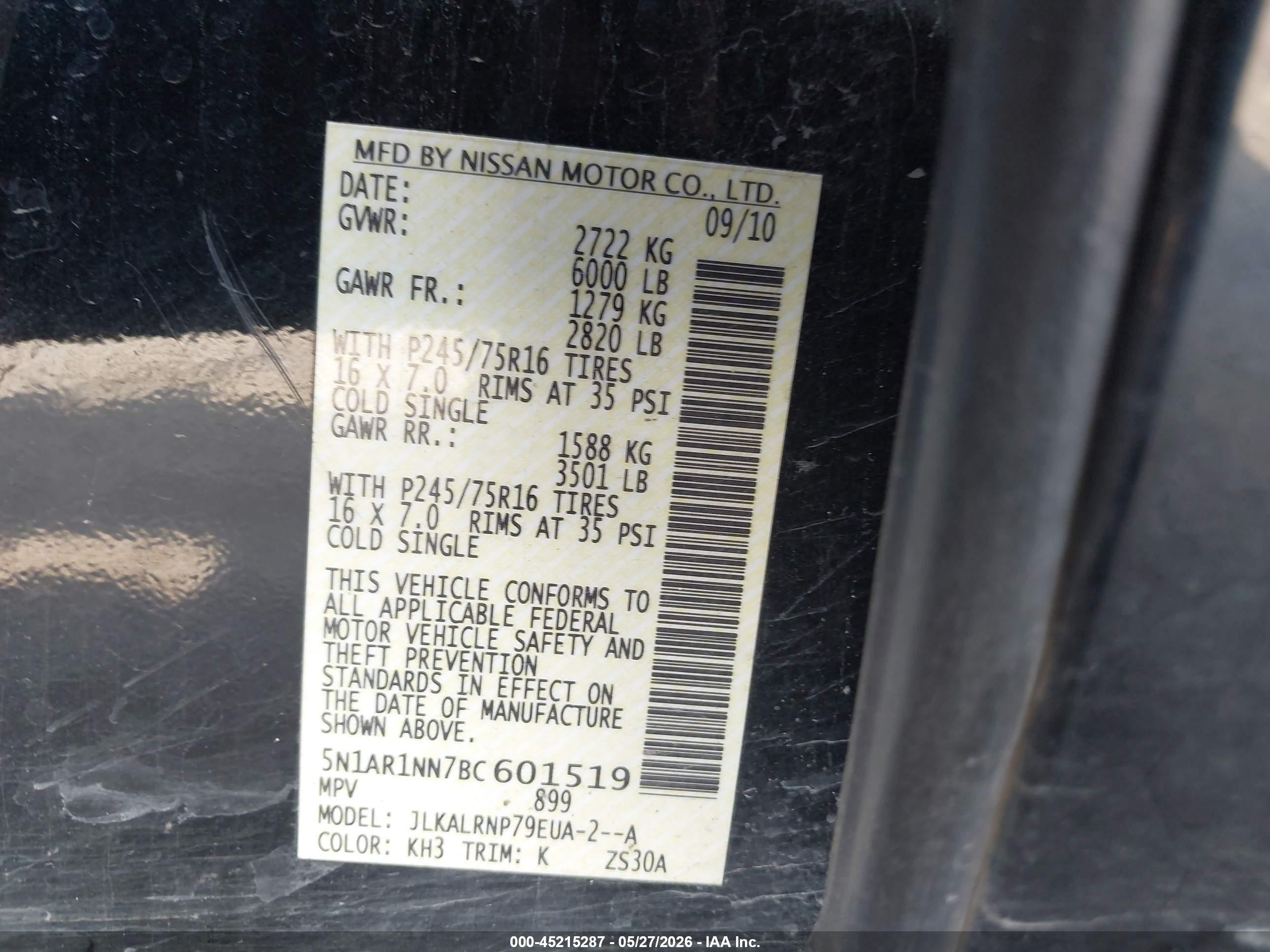 2011 Nissan Pathfinder S Black vin: 5N1AR1NN7BC601519