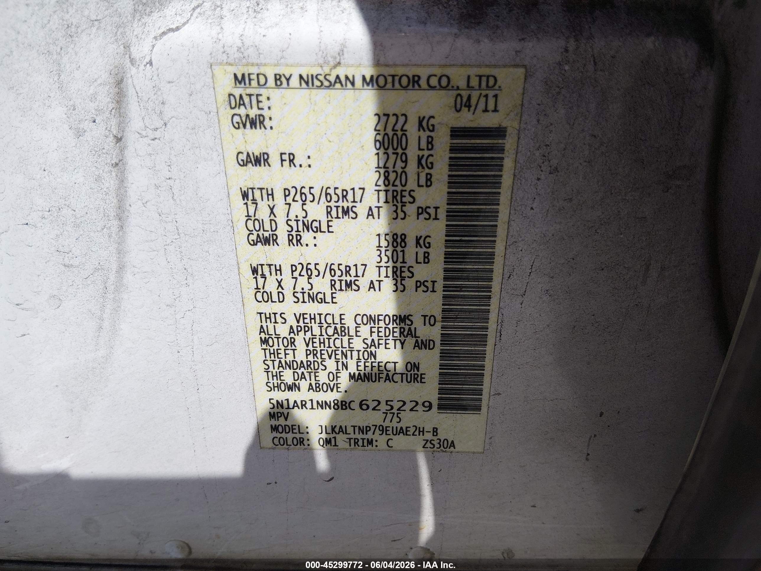 2011 Nissan Pathfinder Silver White vin: 5N1AR1NN8BC625229