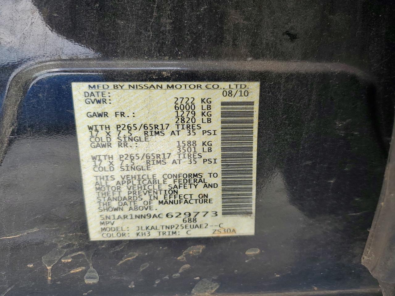 2010 Nissan Pathfinder S Fe+ Black vin: 5N1AR1NN9AC629773
