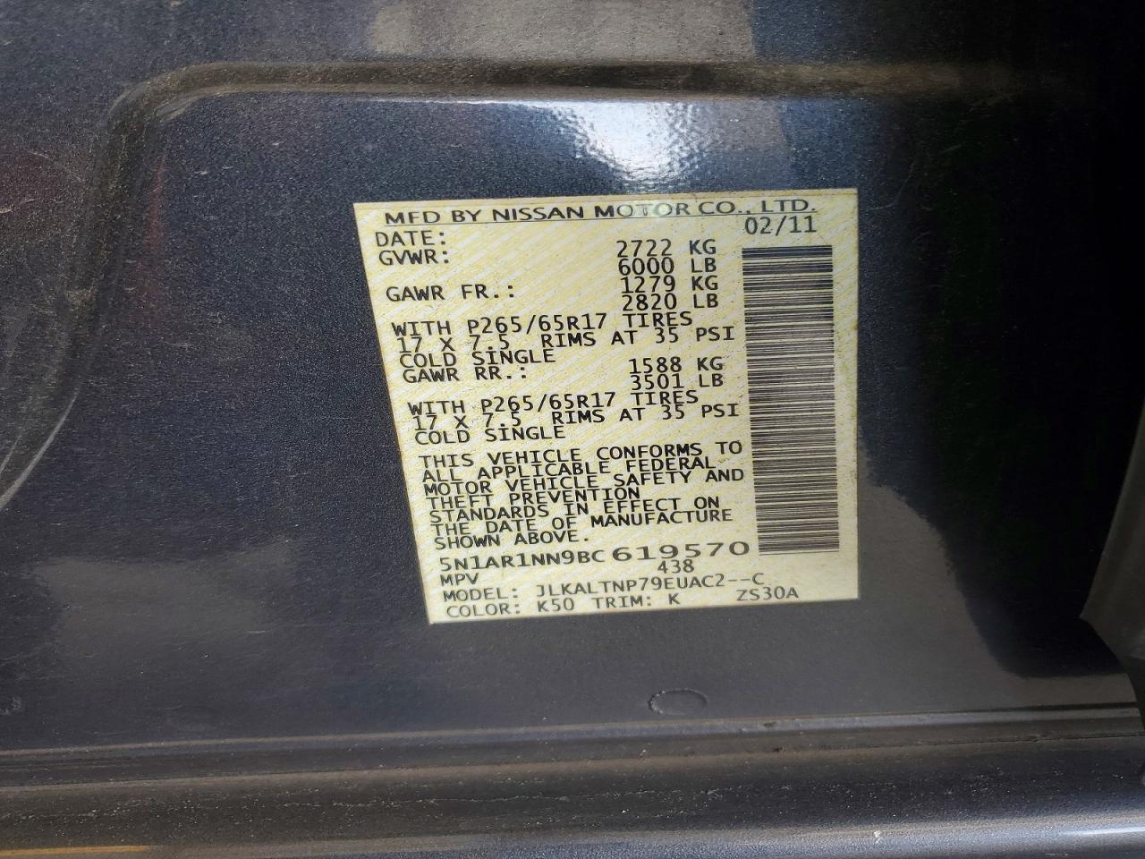 2011 Nissan Pathfinder S Gray vin: 5N1AR1NN9BC619570