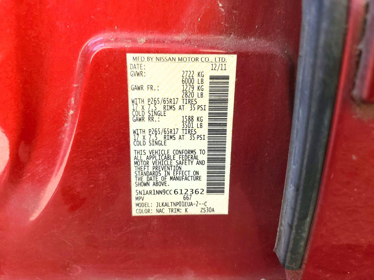 2012 Nissan Pathfinder S Red vin: 5N1AR1NN9CC612362