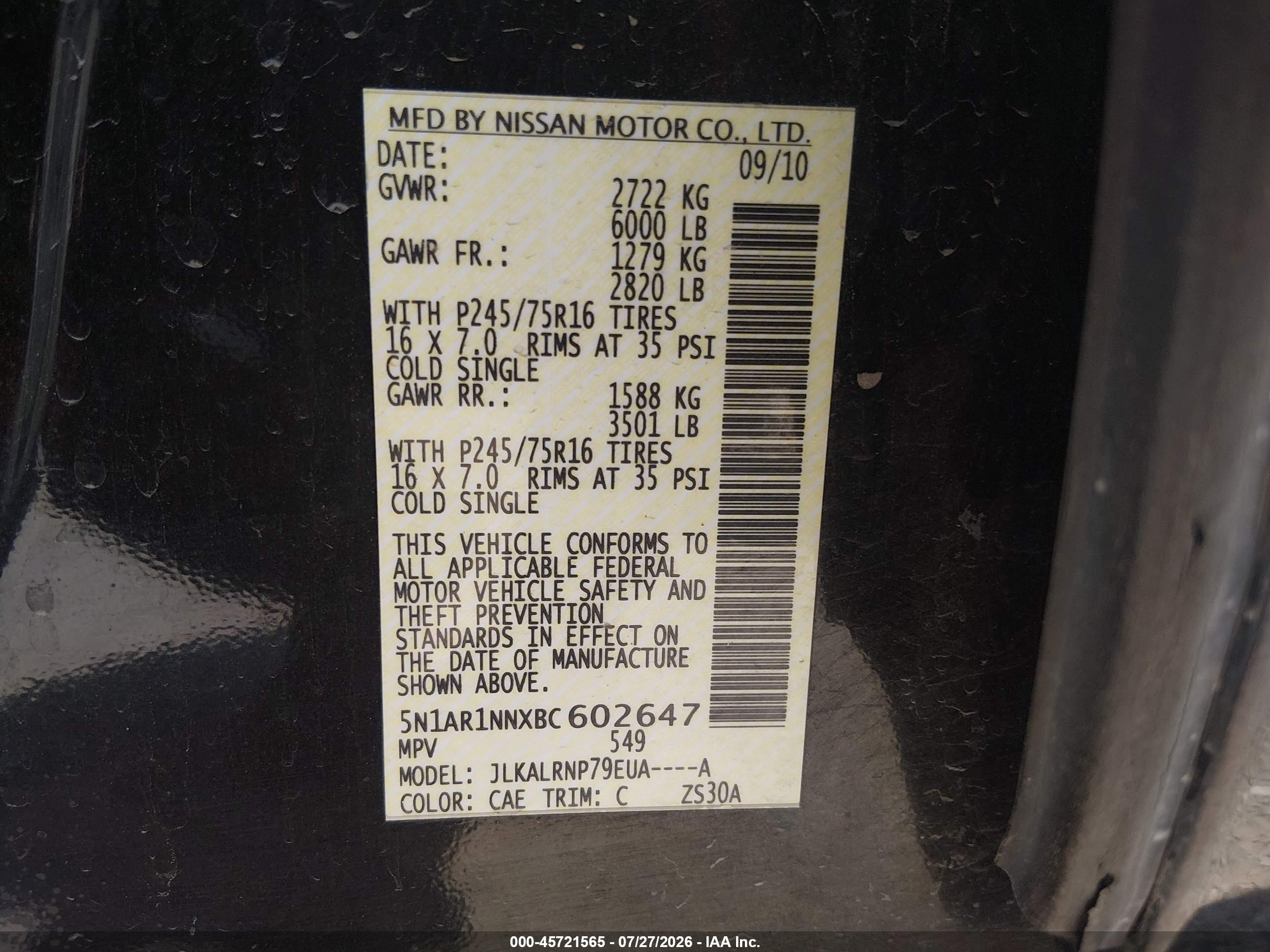 2011 Nissan Pathfinder S Black vin: 5N1AR1NNXBC602647