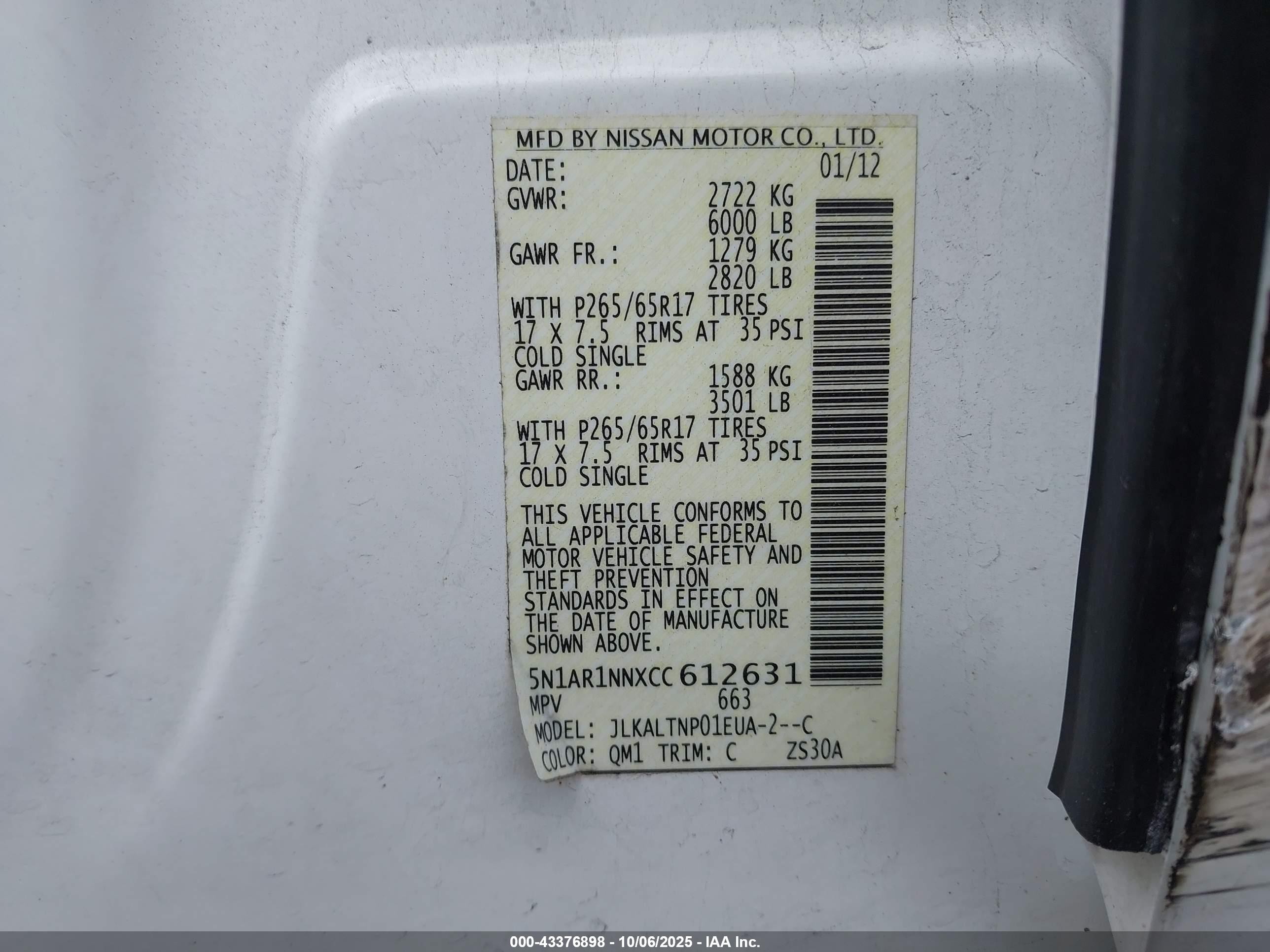 2012 Nissan Pathfinder Sv White vin: 5N1AR1NNXCC612631