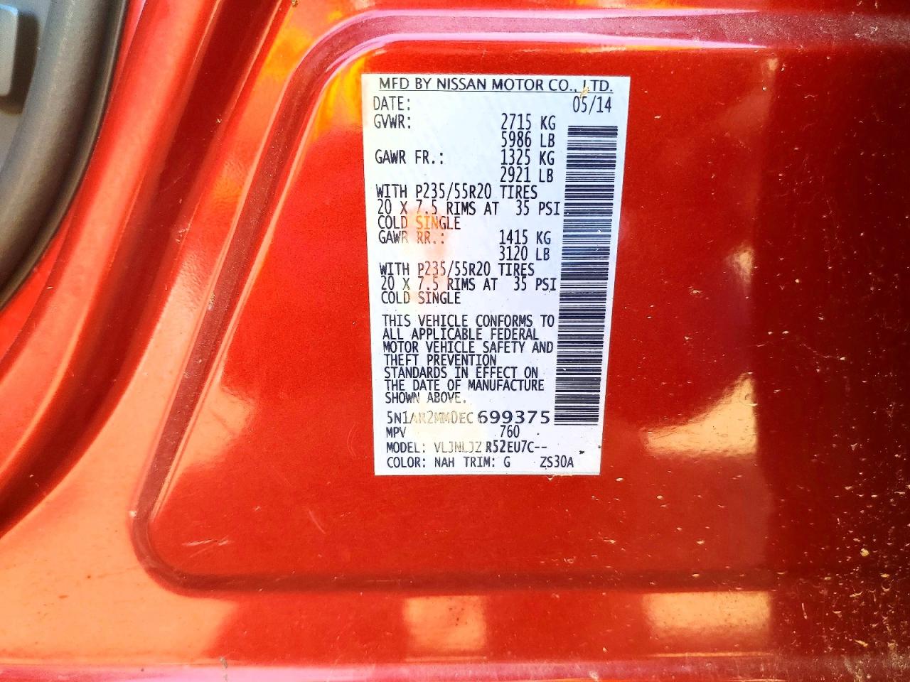 2014 Nissan Pathfinder Red vin: 5N1AR2MM0EC699375